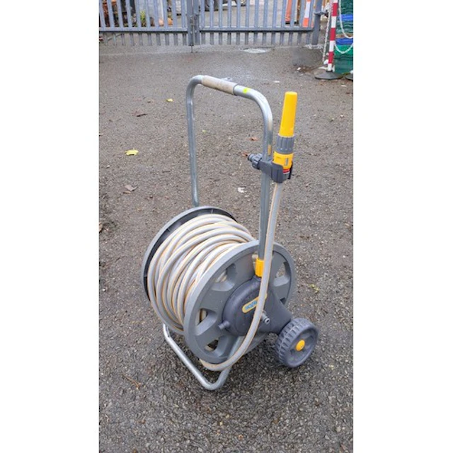 Hozelock wheeled garden hose reel on a tubular metal trolley...