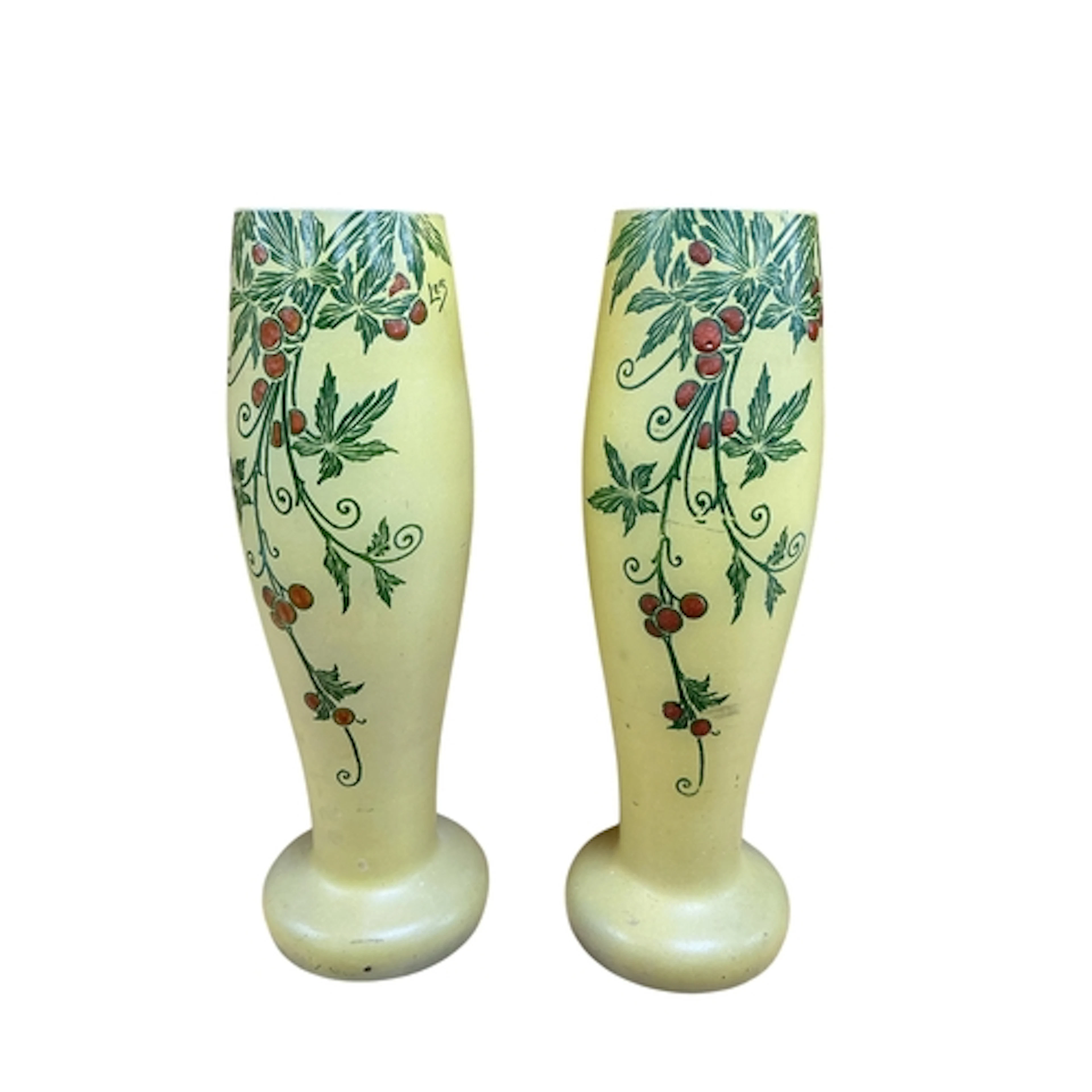 A pair of French enamelled yellow glass vases, signed Leg, 2...