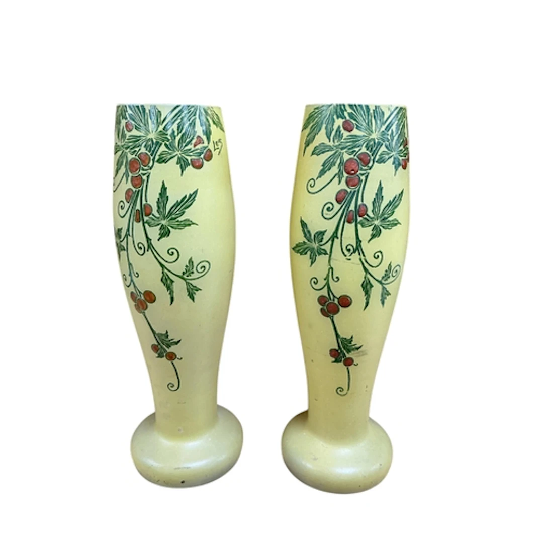 A pair of French enamelled yellow glass vases, signed Leg, 2...