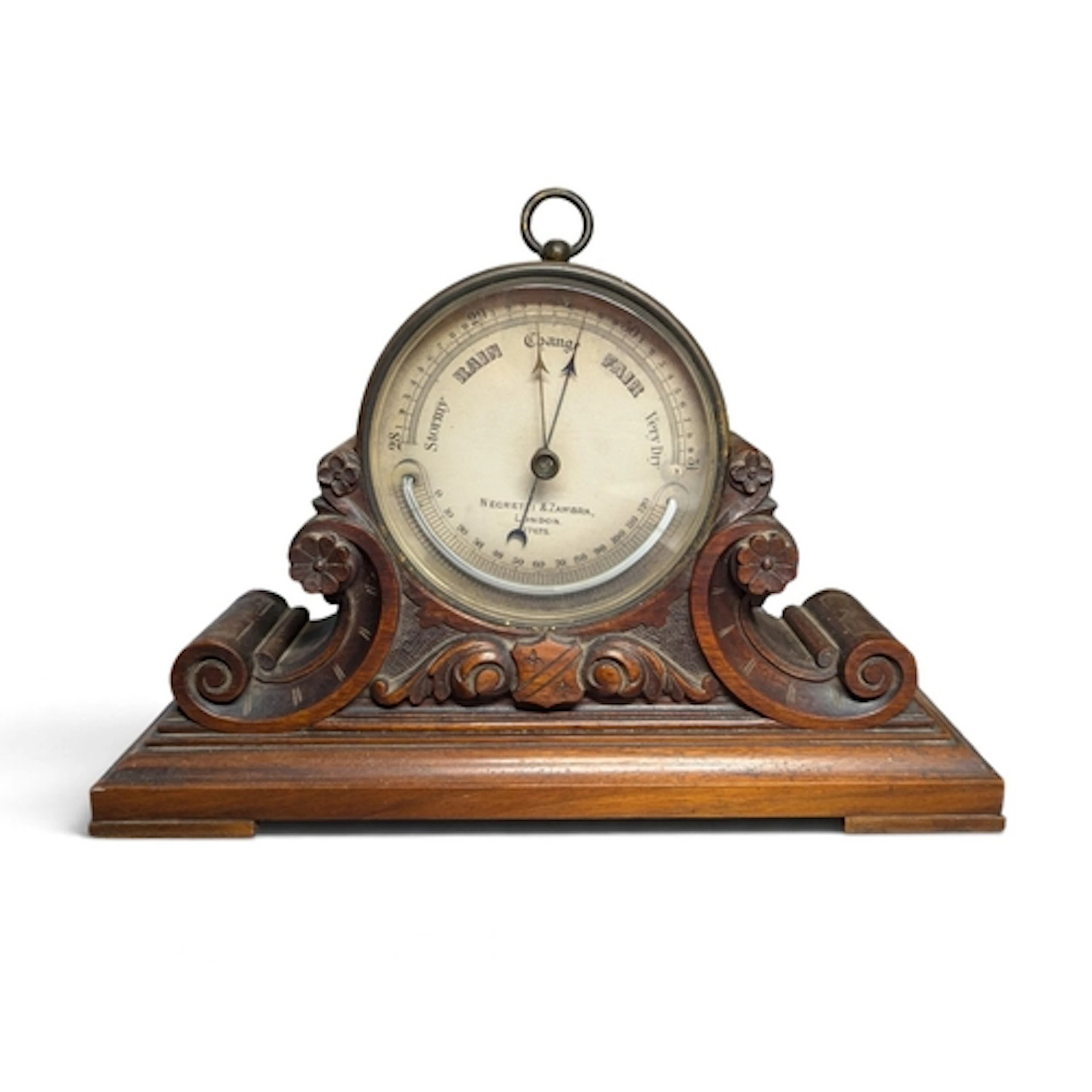 Negretti & Zambra mantle barometer on carved wooden stan...
