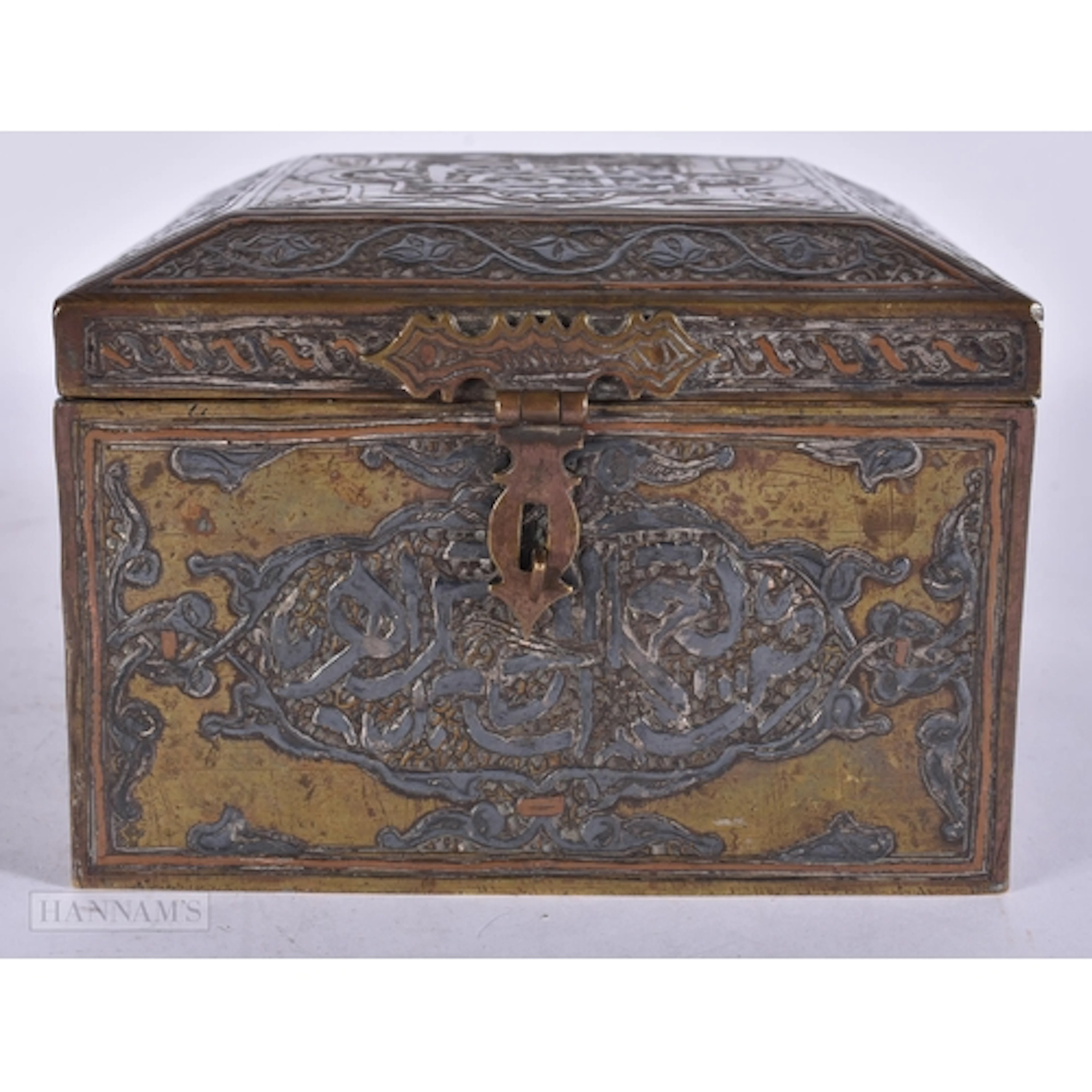 A 19TH CENTURY ISLAMIC MIDDLE EASTERN SILVER INLAID SQUARE F...