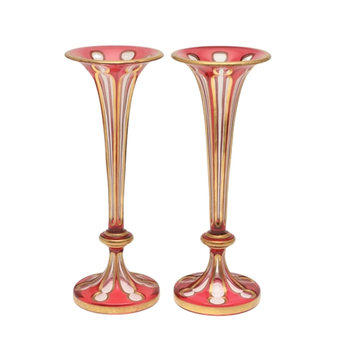 PAIR OF RUBY FLASH BOHEMIAN GLASS VASES. A pair of trumpet f...