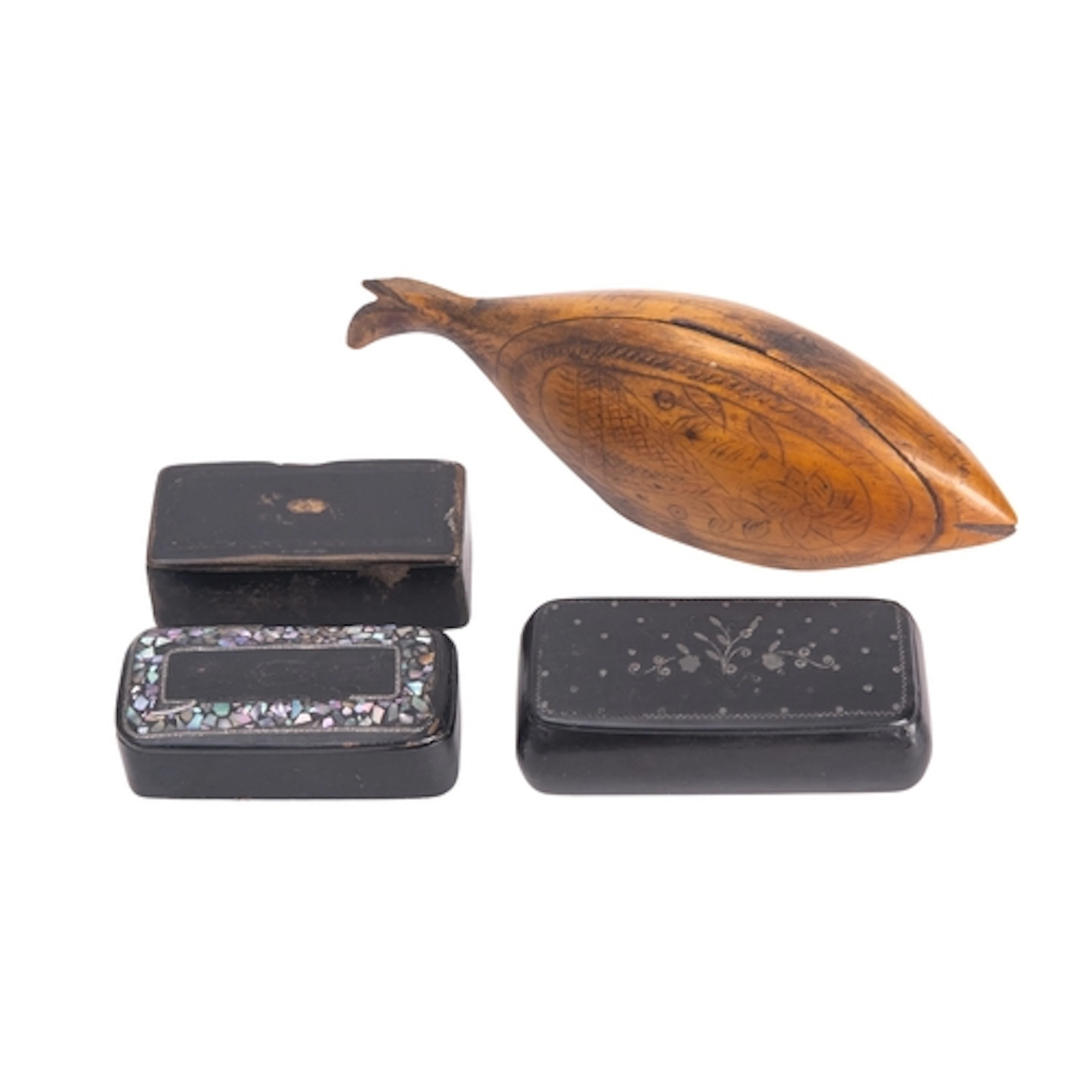 A carved treen, probably boxwood snuff box modelled as a fis...