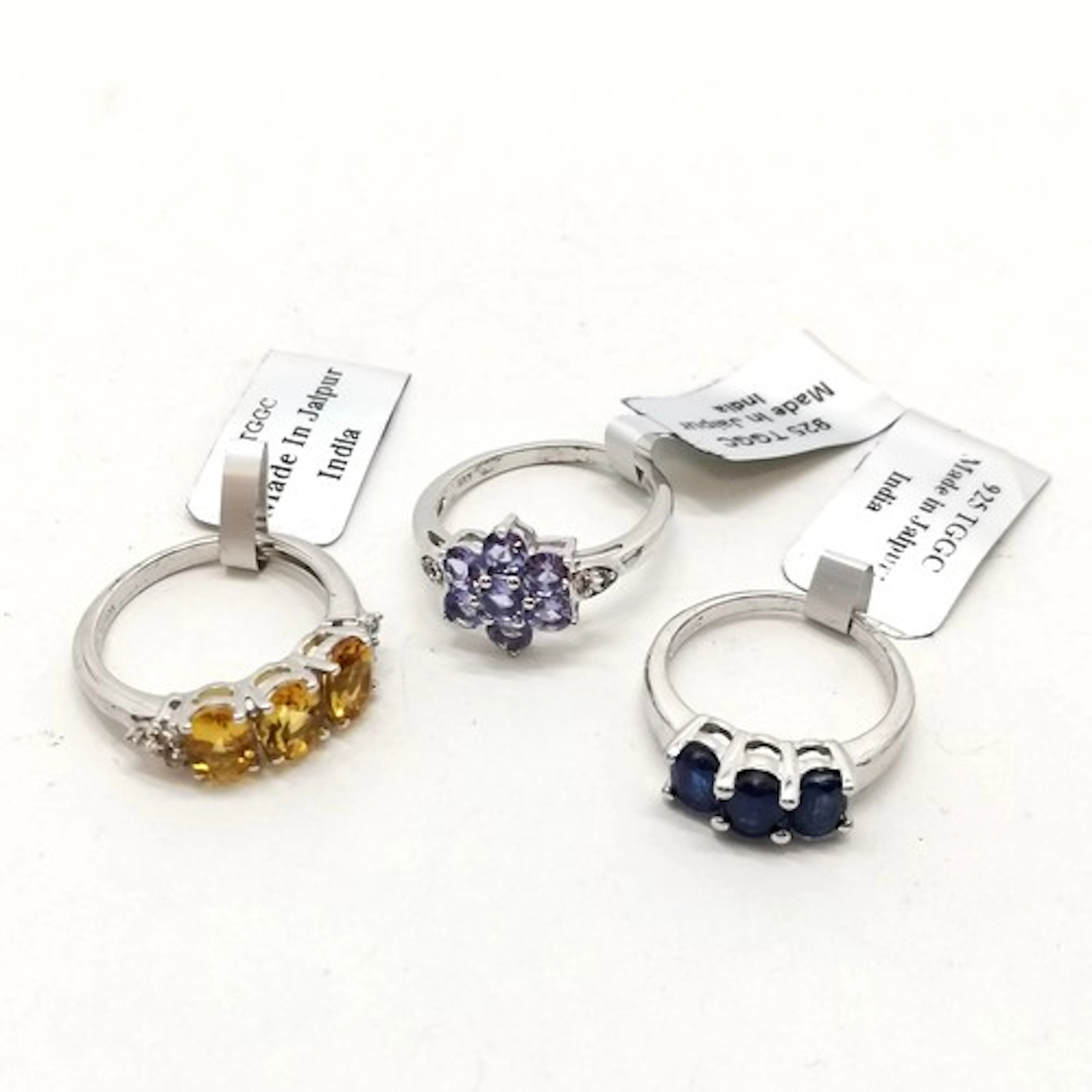 3 x silver gemstone set rings - Himalayan kyanite, Marialite...