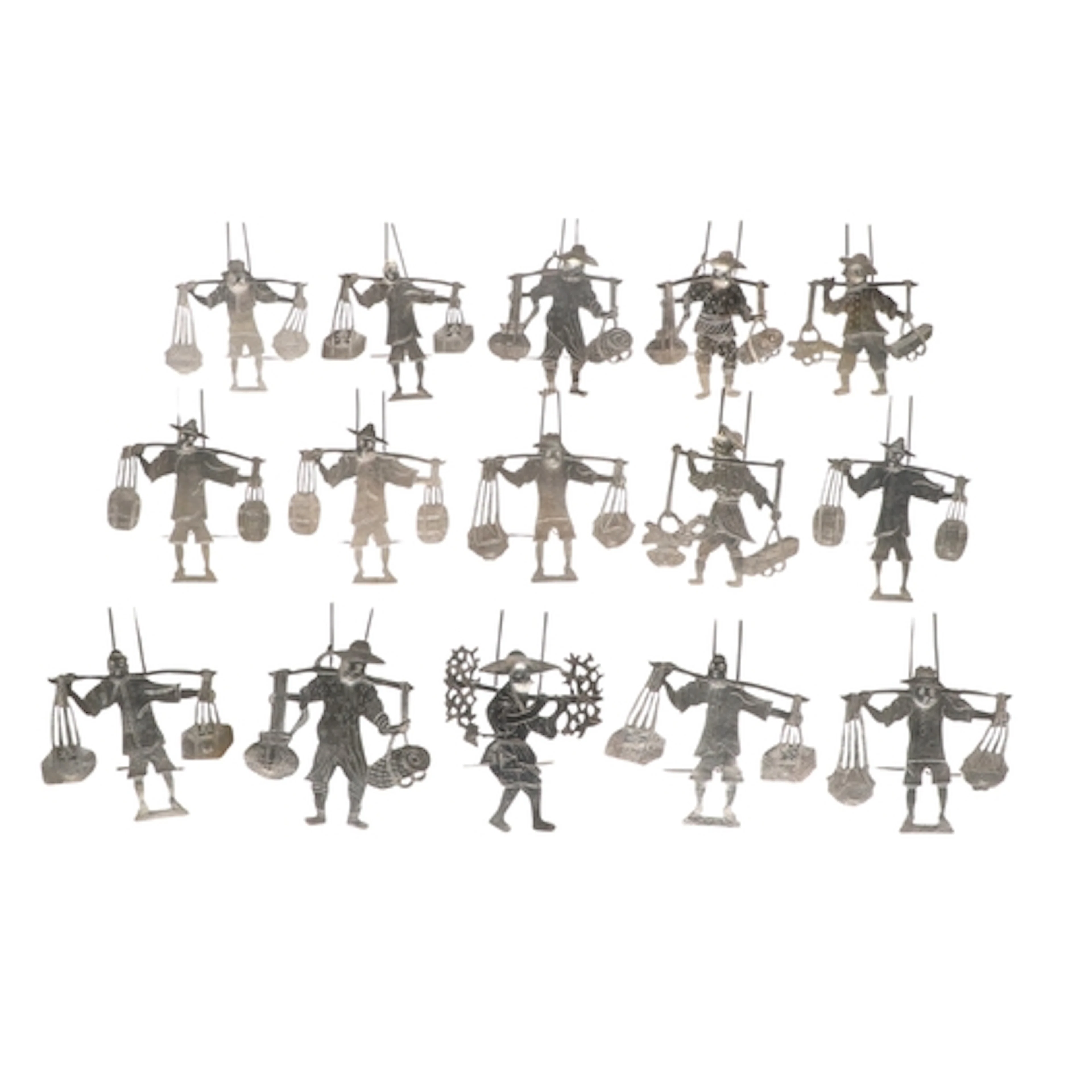 A COLLECTION OF FIFTEEN VINTAGE CHINESE WHITE METAL PLACE CA...