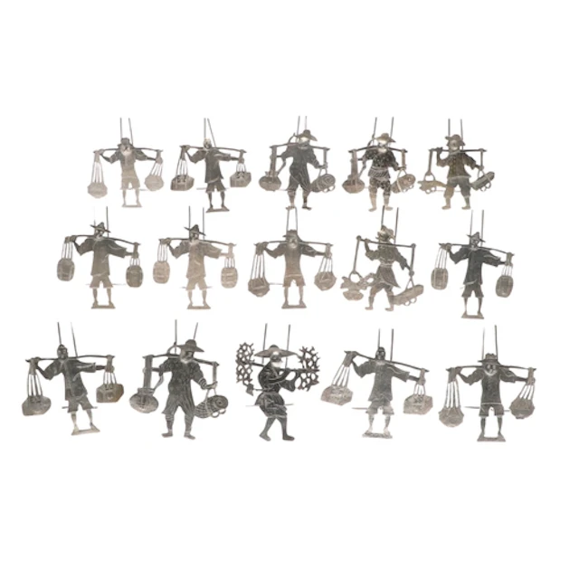 A COLLECTION OF FIFTEEN VINTAGE CHINESE WHITE METAL PLACE CA...