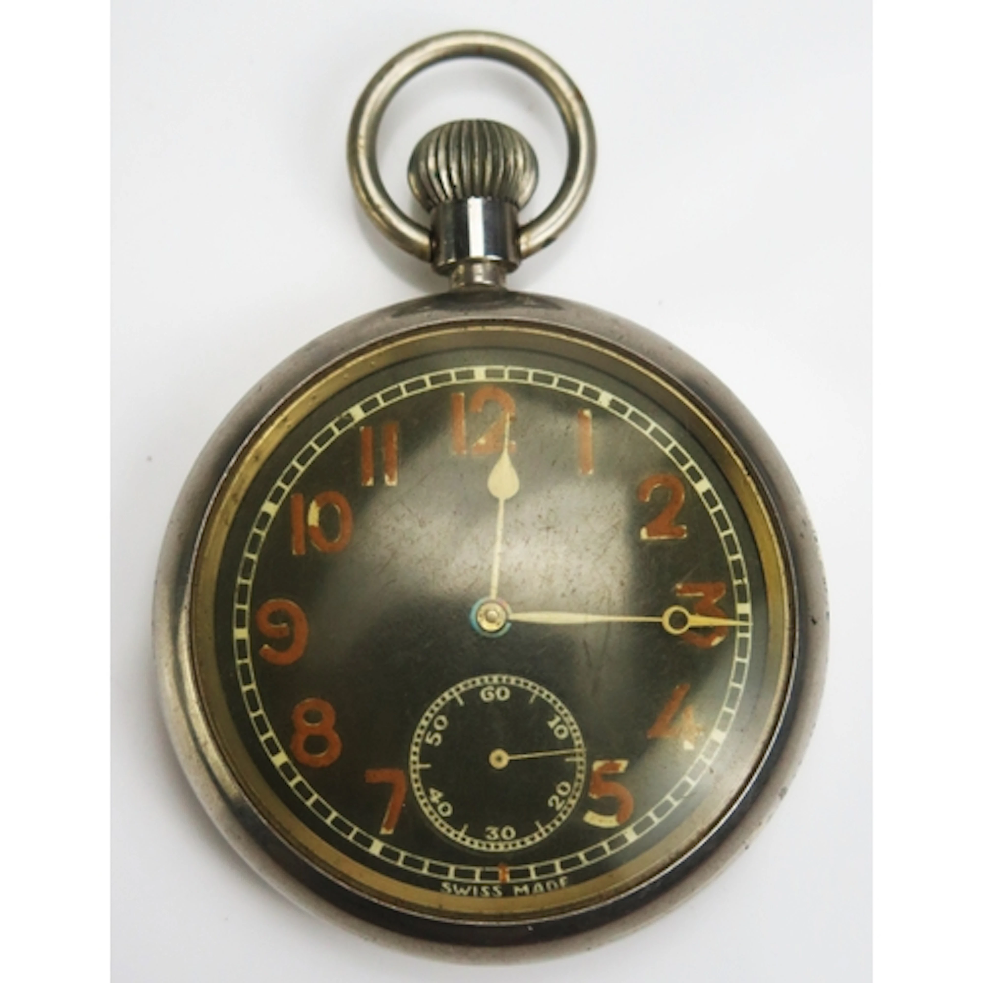 A WWII military pocket watch with a Swiss made 15 jewel move...