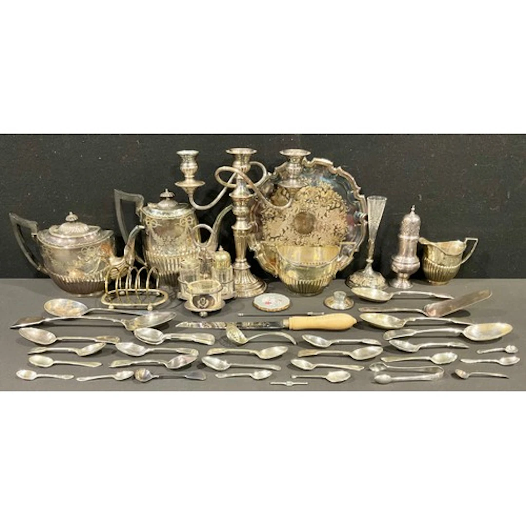A Victorian silver plated three piece tea and coffee set, ea...