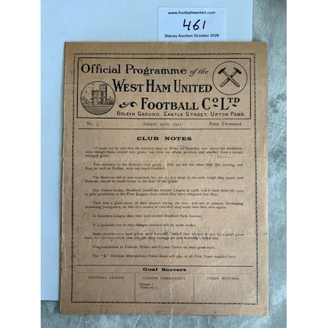 1921 - 1922 West Ham v Bradford Park Avenue Football Program...