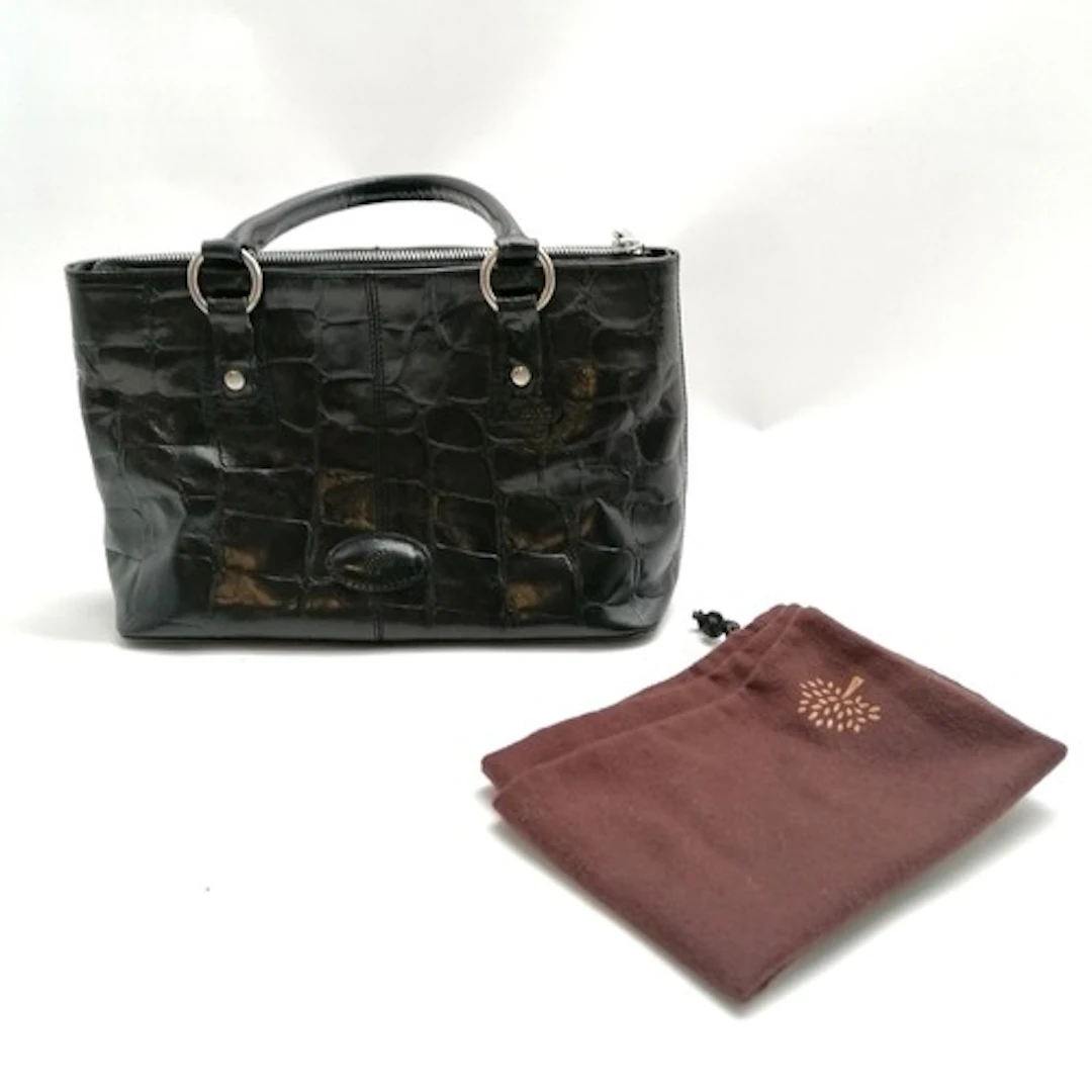 Mulberry vintage black croc handbag with zip closure 26cm wi...