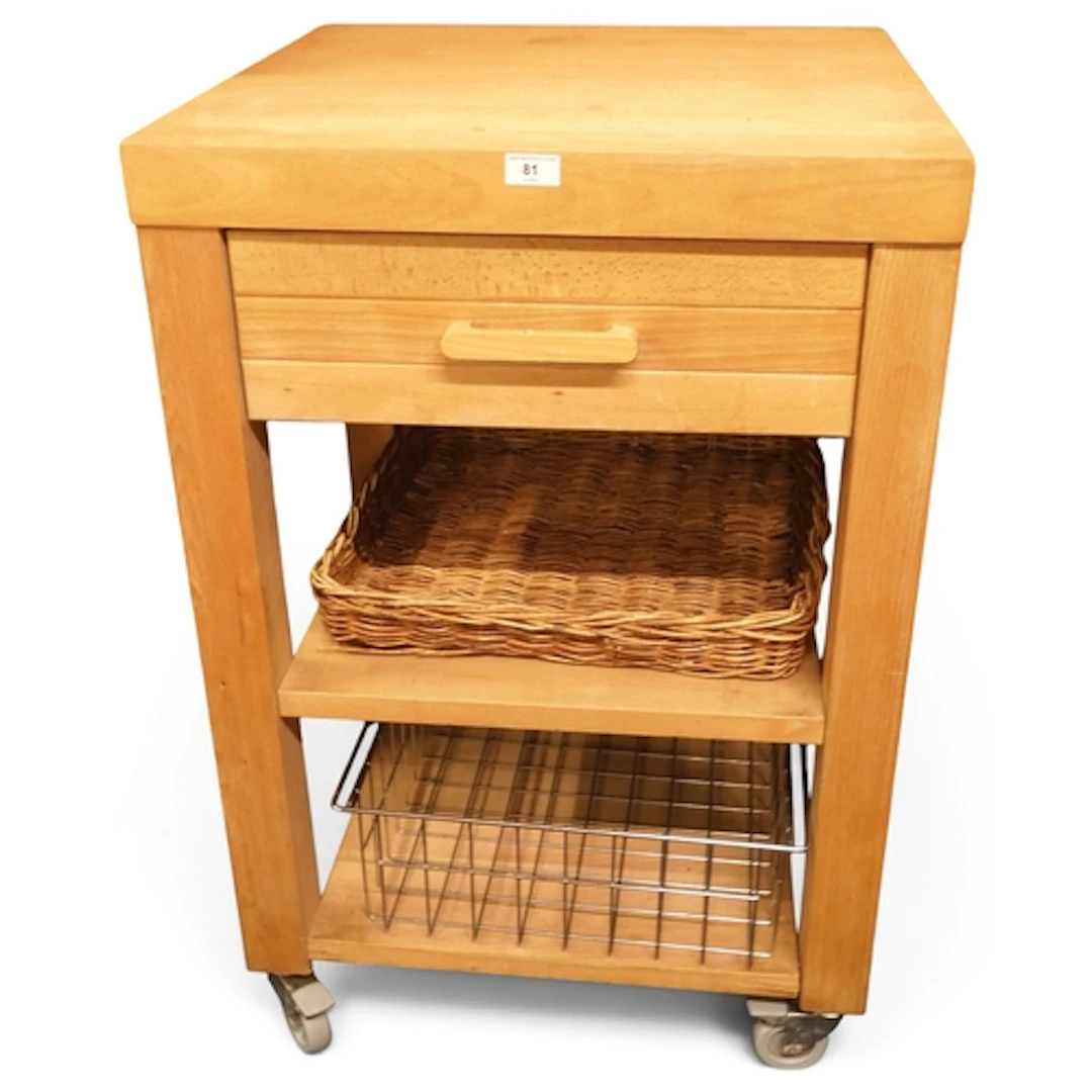 A contemporary beech butcher block style kitchen trolley/isl...