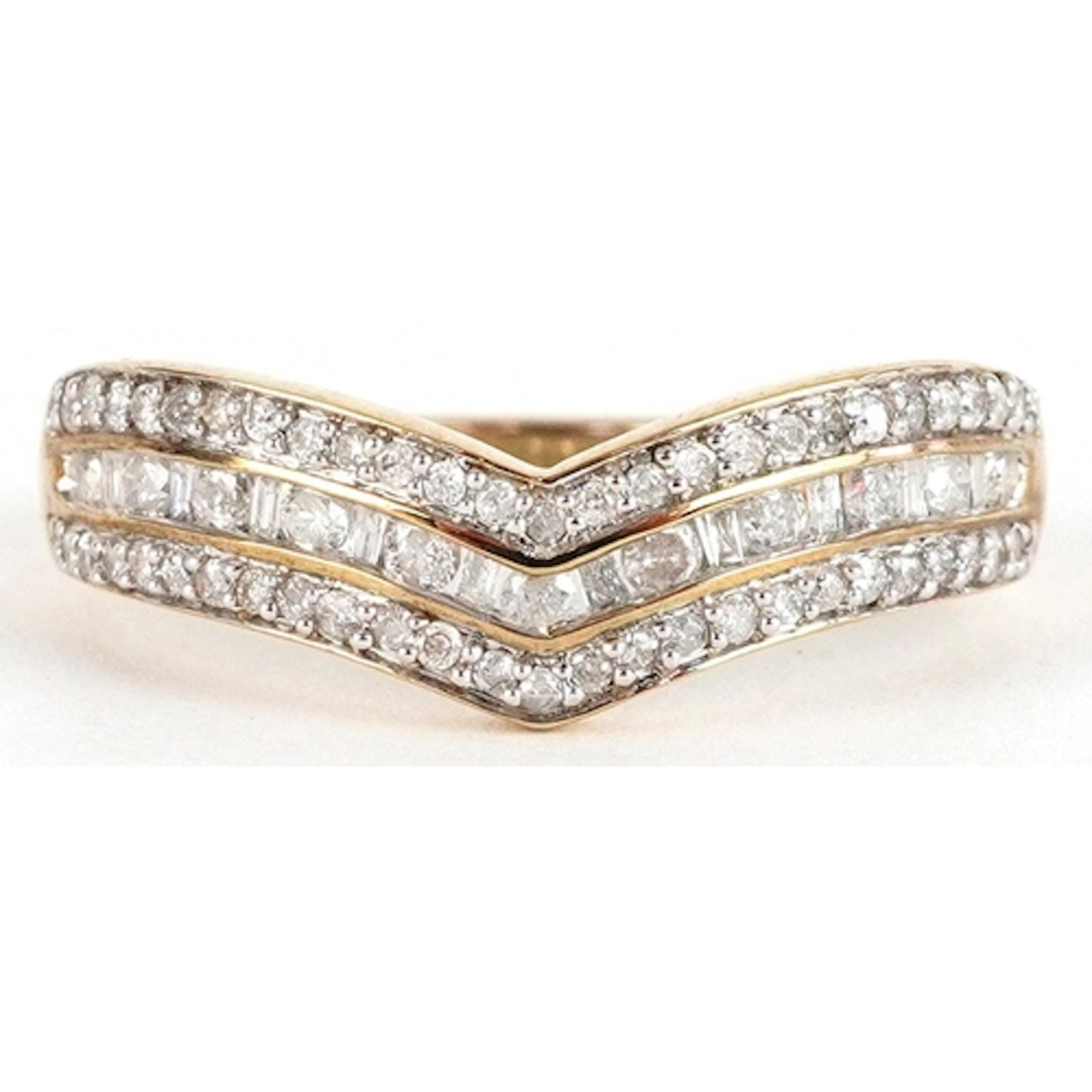 9ct gold diamond three row wishbone ring, size R, 2.5g.