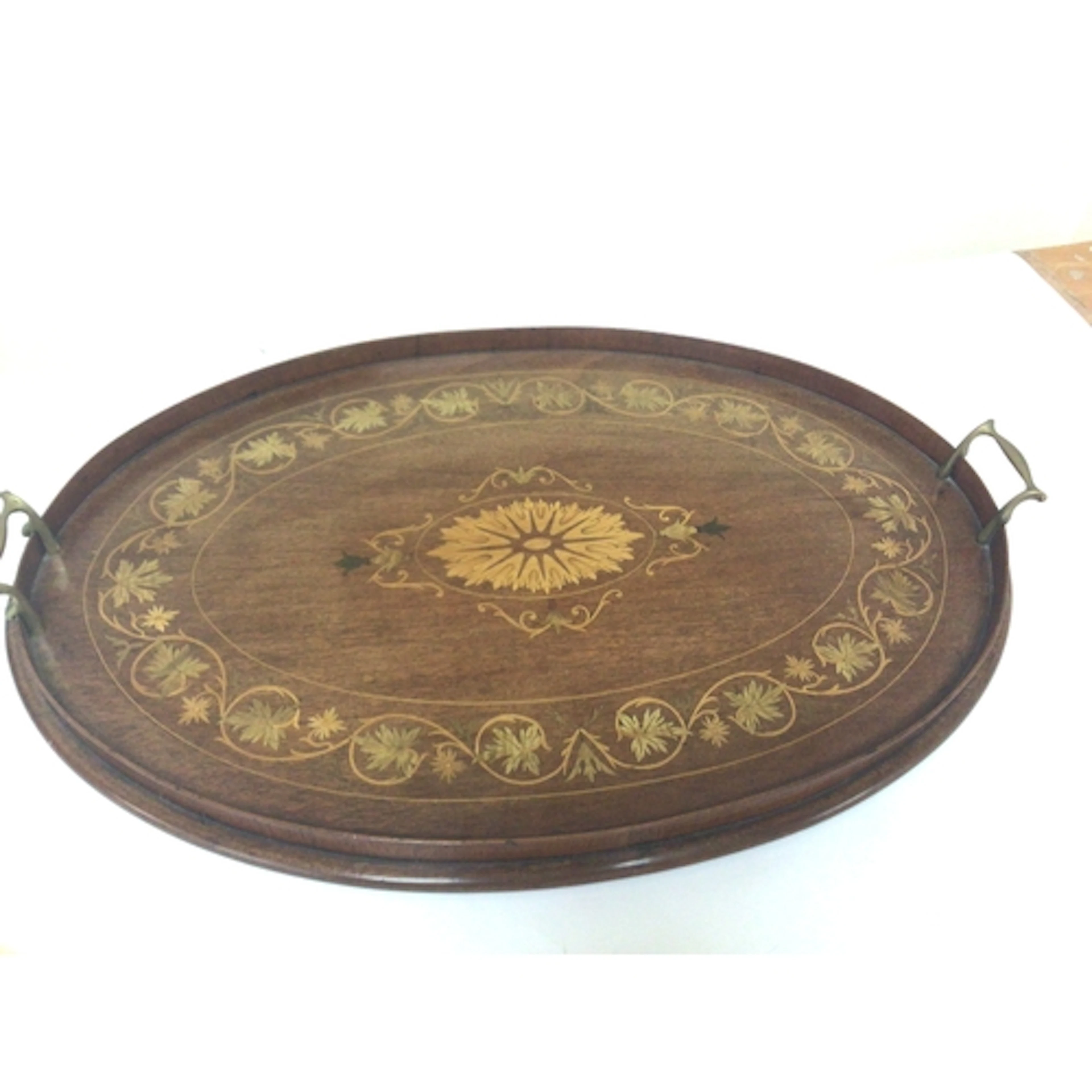 A quality Edwardian inlaid Mahogany oval tea tray inlaid wit...