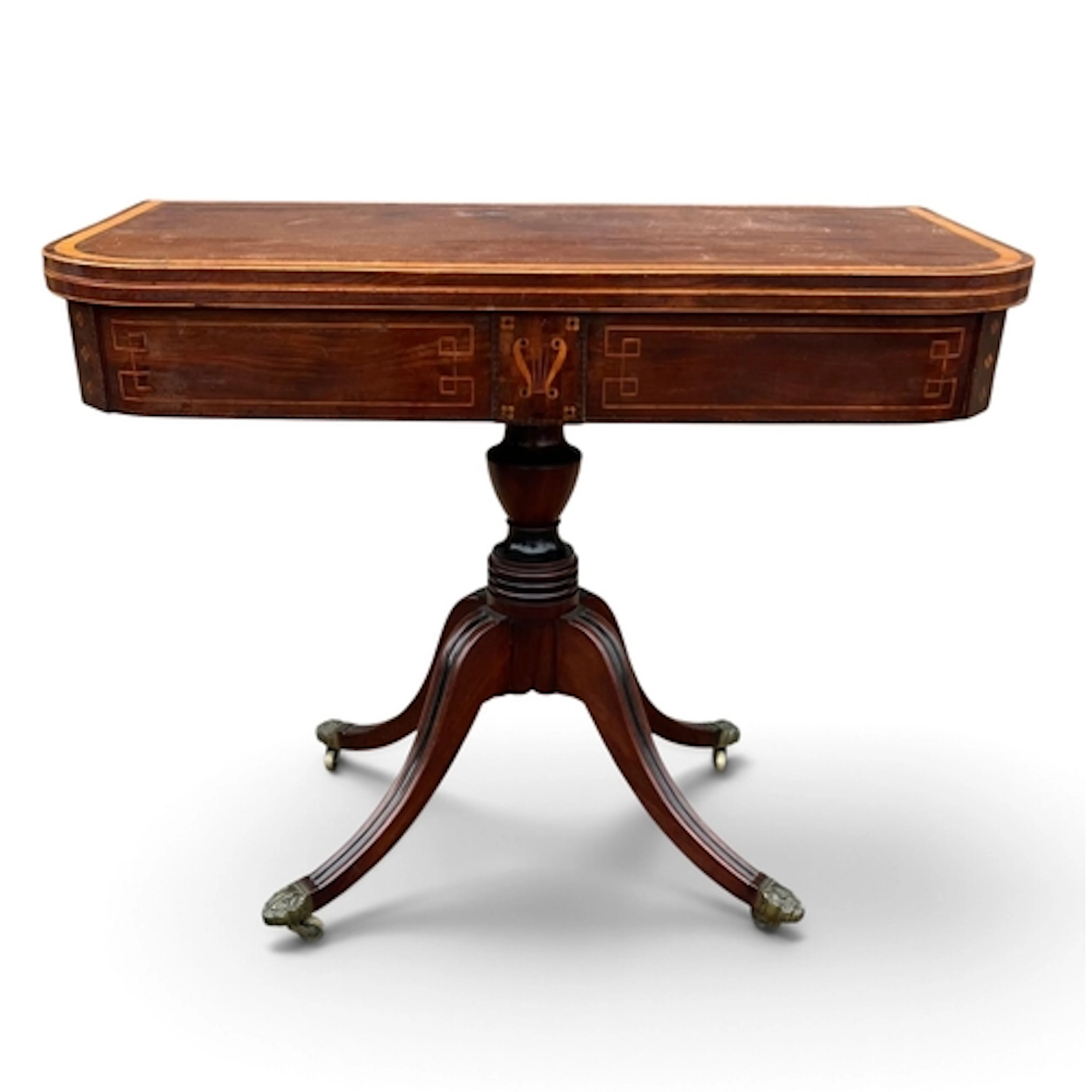 A LATE REGENCY MAHOGANY SATINWOOD CROSSBANDED BOXWOOD STRUNG...