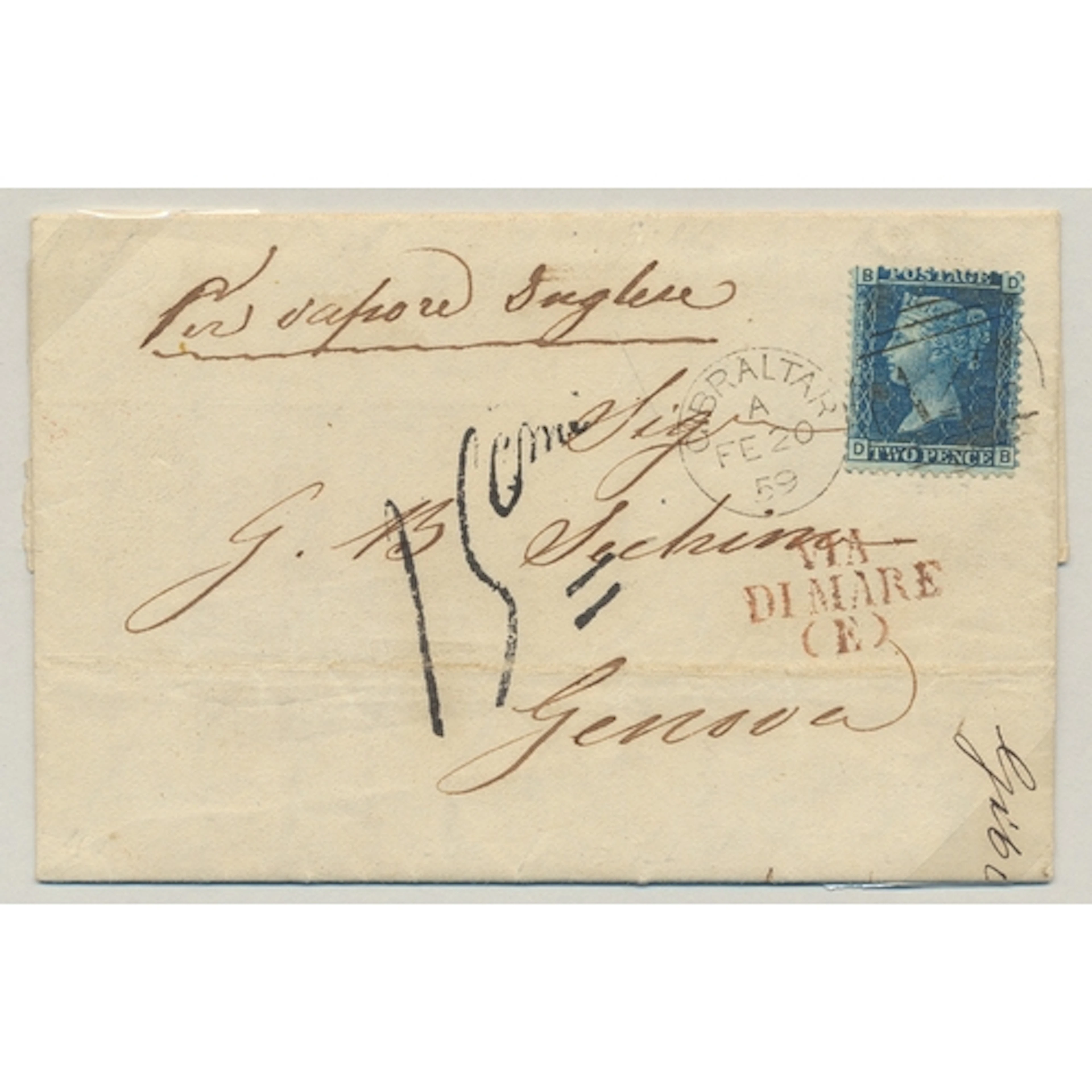 Gibraltar. 20th February 1859 entire to Genoa, franked by GB...