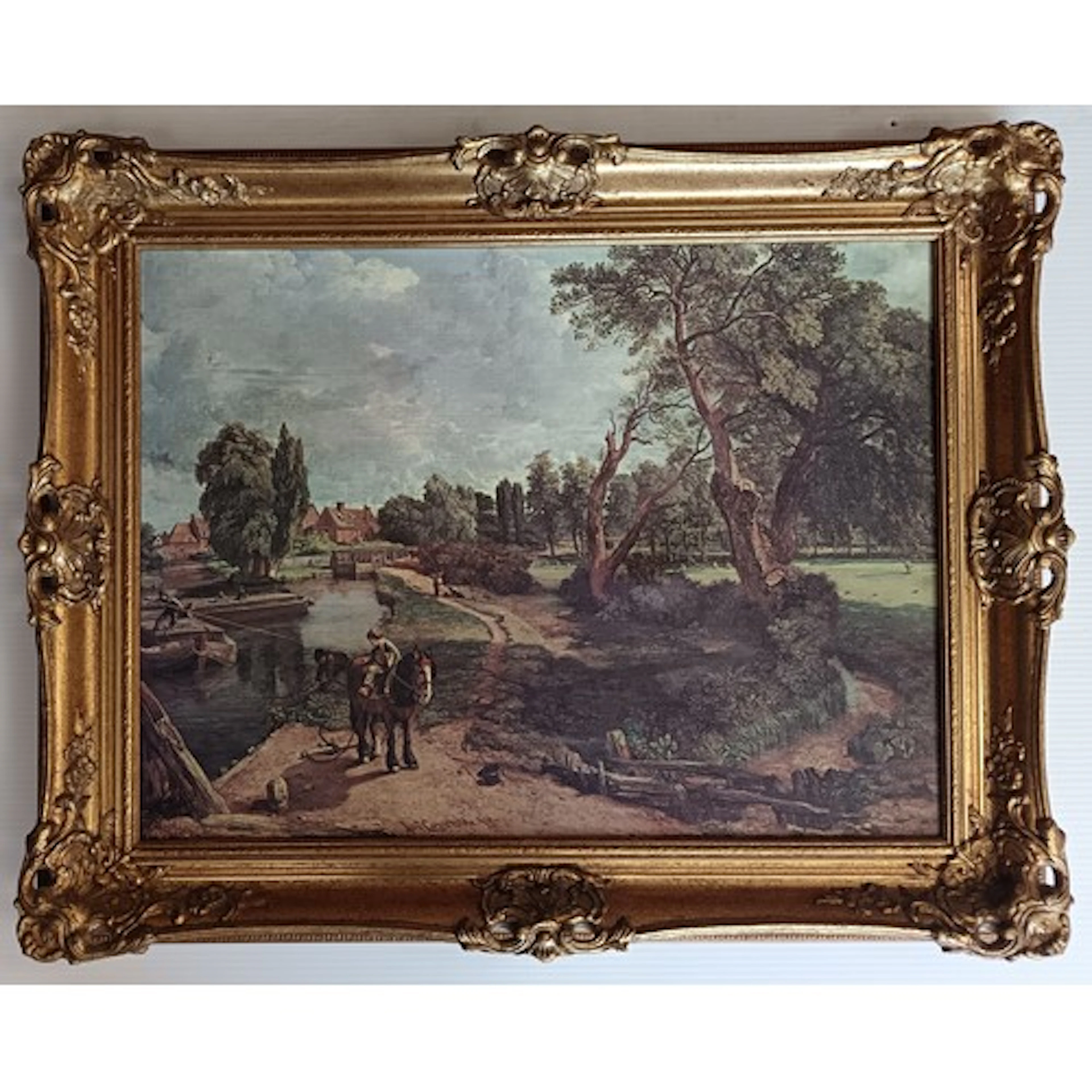 After John Constable, coloured print—riverside landscape, Fl...
