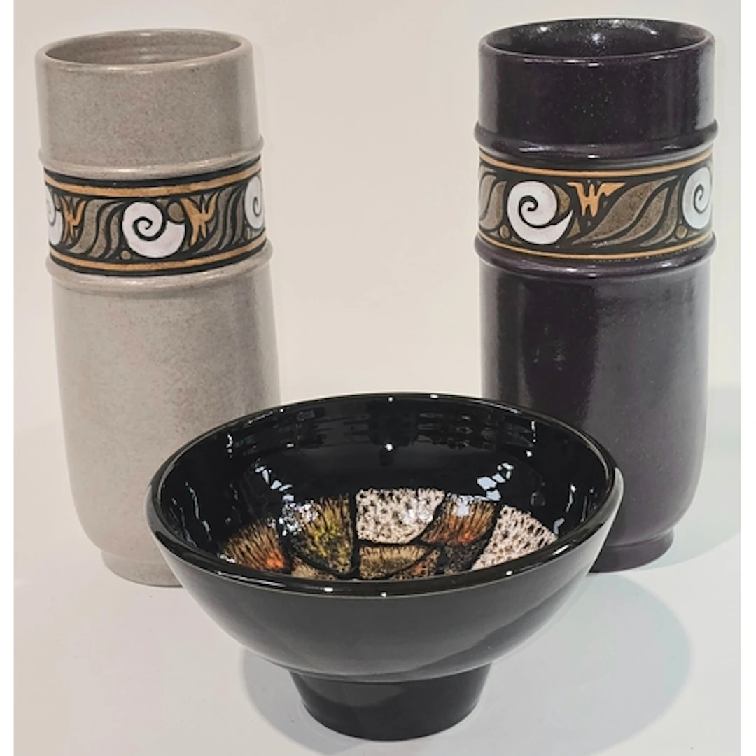 Poole Pottery unusual purple Olympus vase 9" high, together ...