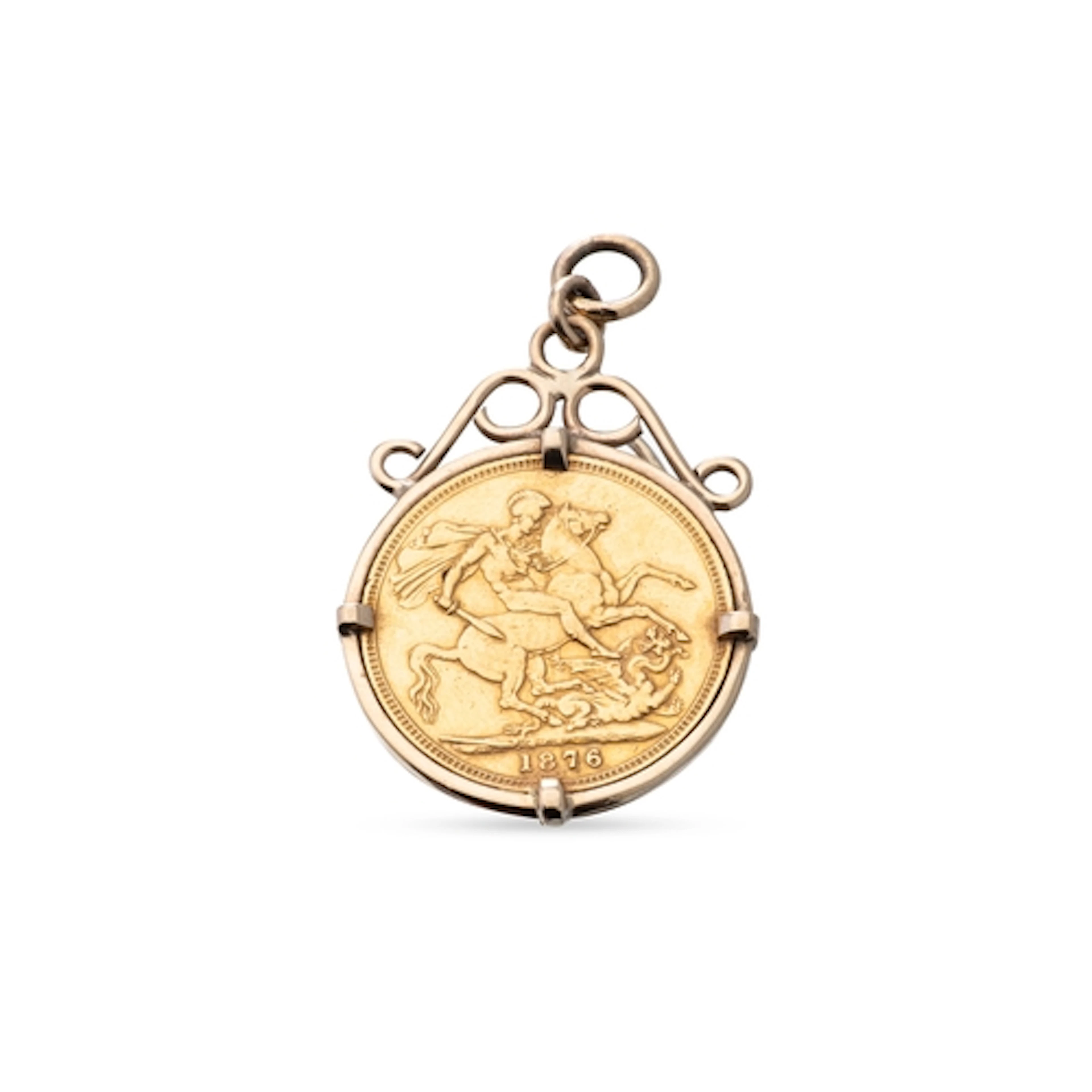 AN 1876 FULL SOVEREIGN ENGLISH GOLD COIN, in a loose pendant...
