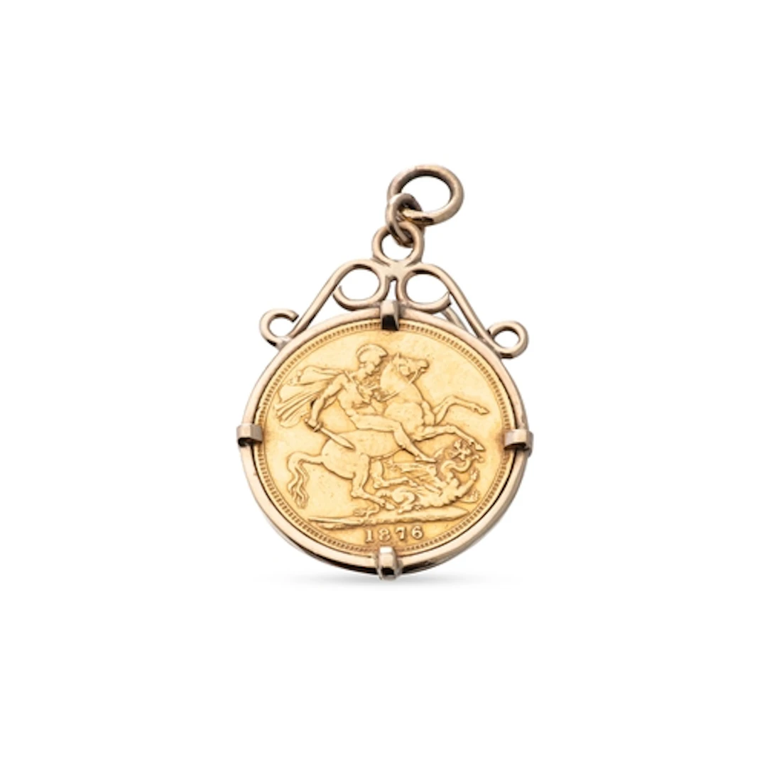 AN 1876 FULL SOVEREIGN ENGLISH GOLD COIN, in a loose pendant...