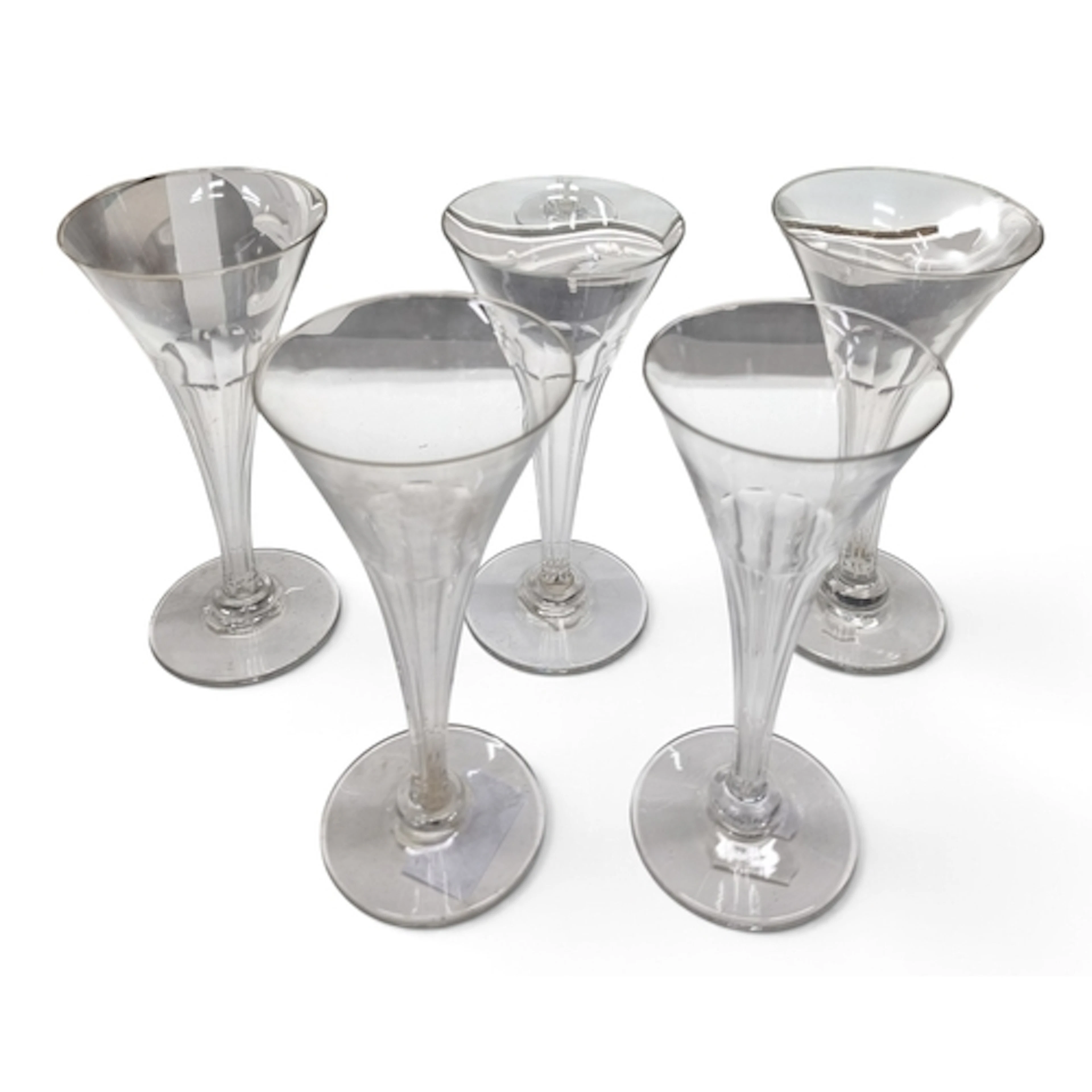 Five period Art Deco Champagne Glasses. H 16 cm approx along...