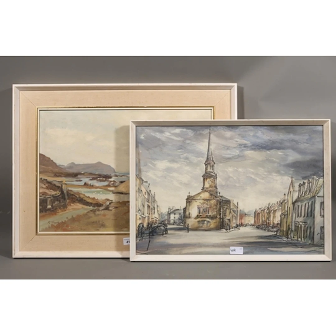 R THOMSON, crofters cottages, oil painting on board, signed ...