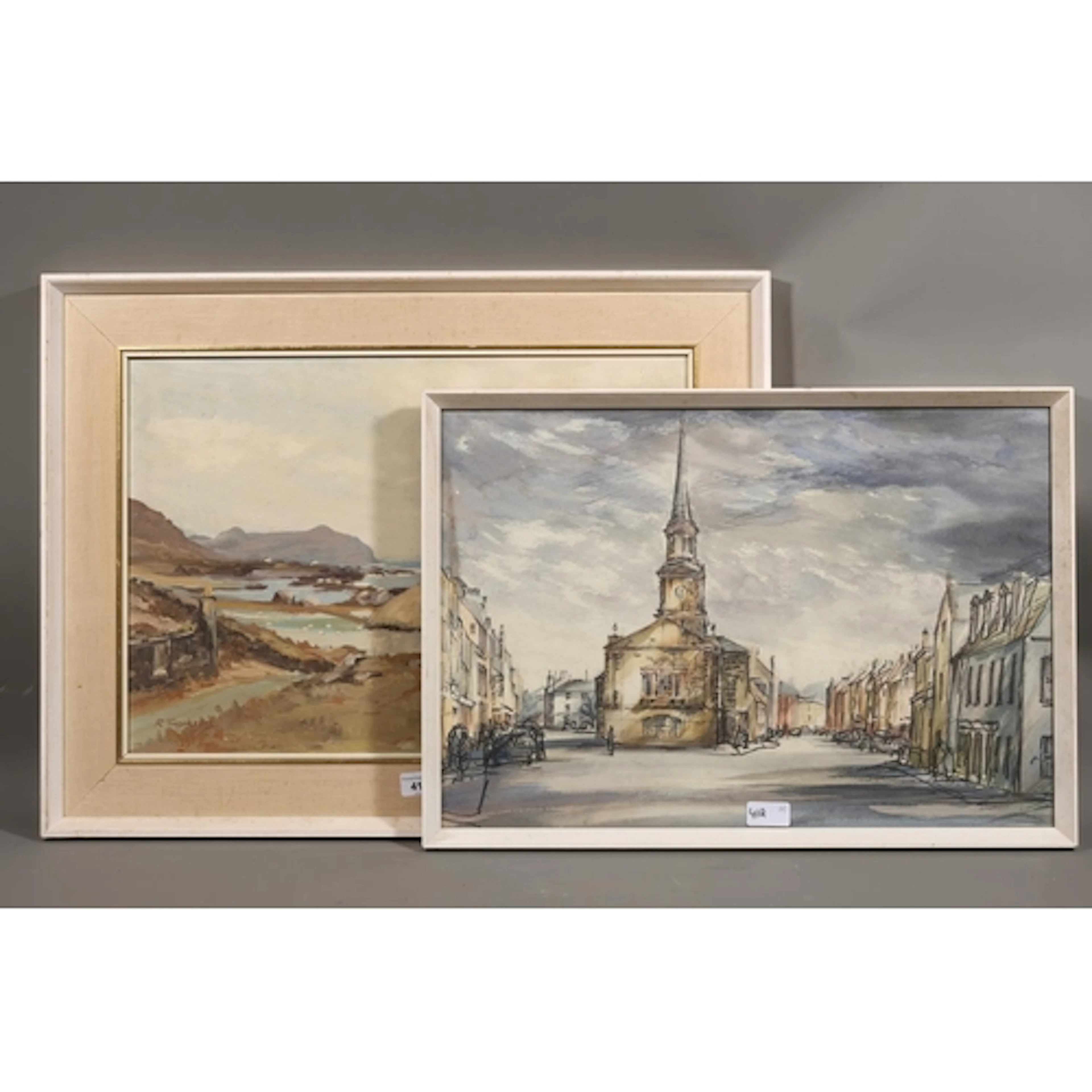 R THOMSON, crofters cottages, oil painting on board, signed ...