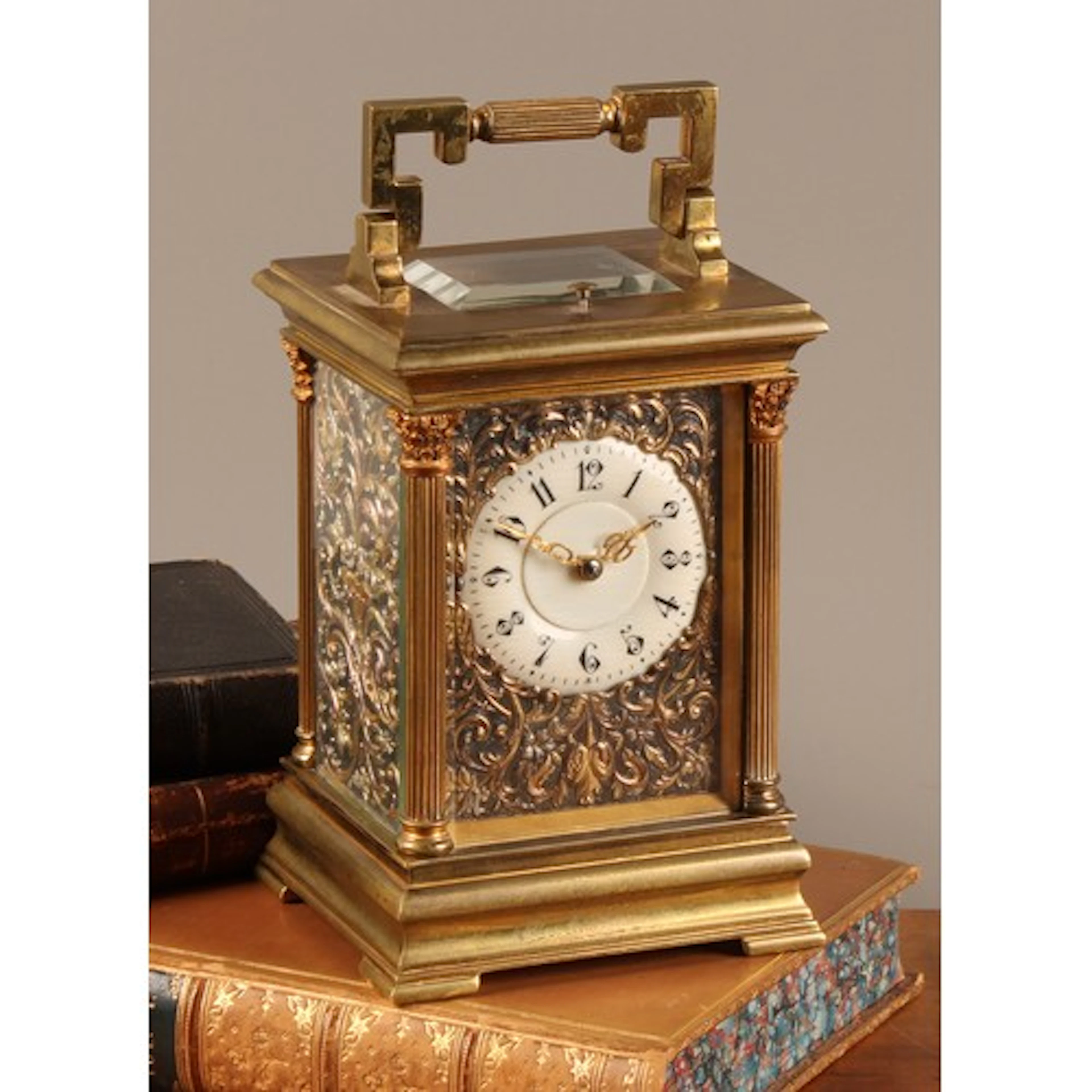 A late 19th century French brass repeater carriage clock, 5....