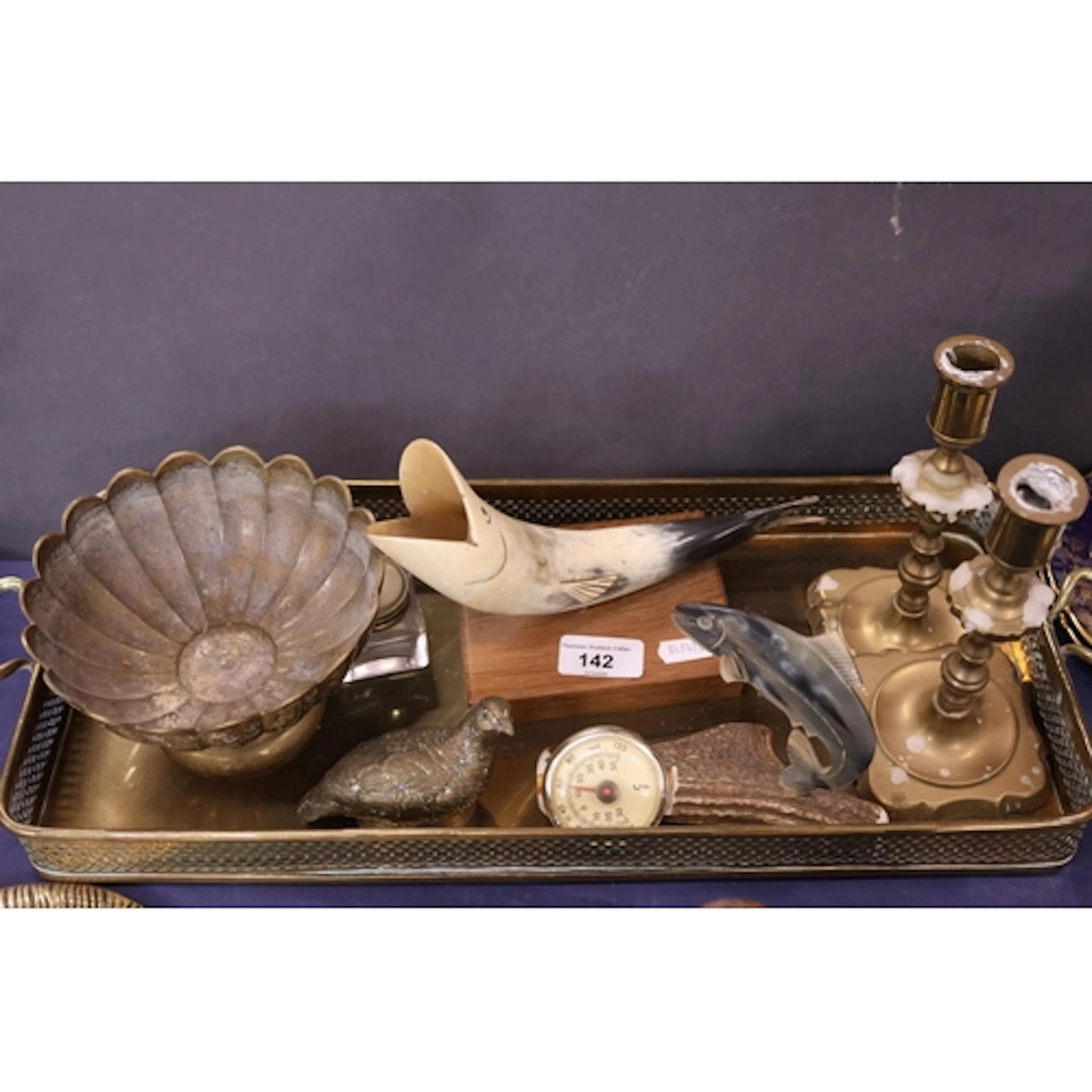 Brass tray, bowl, a pair of candlesticks, horn table decorat...