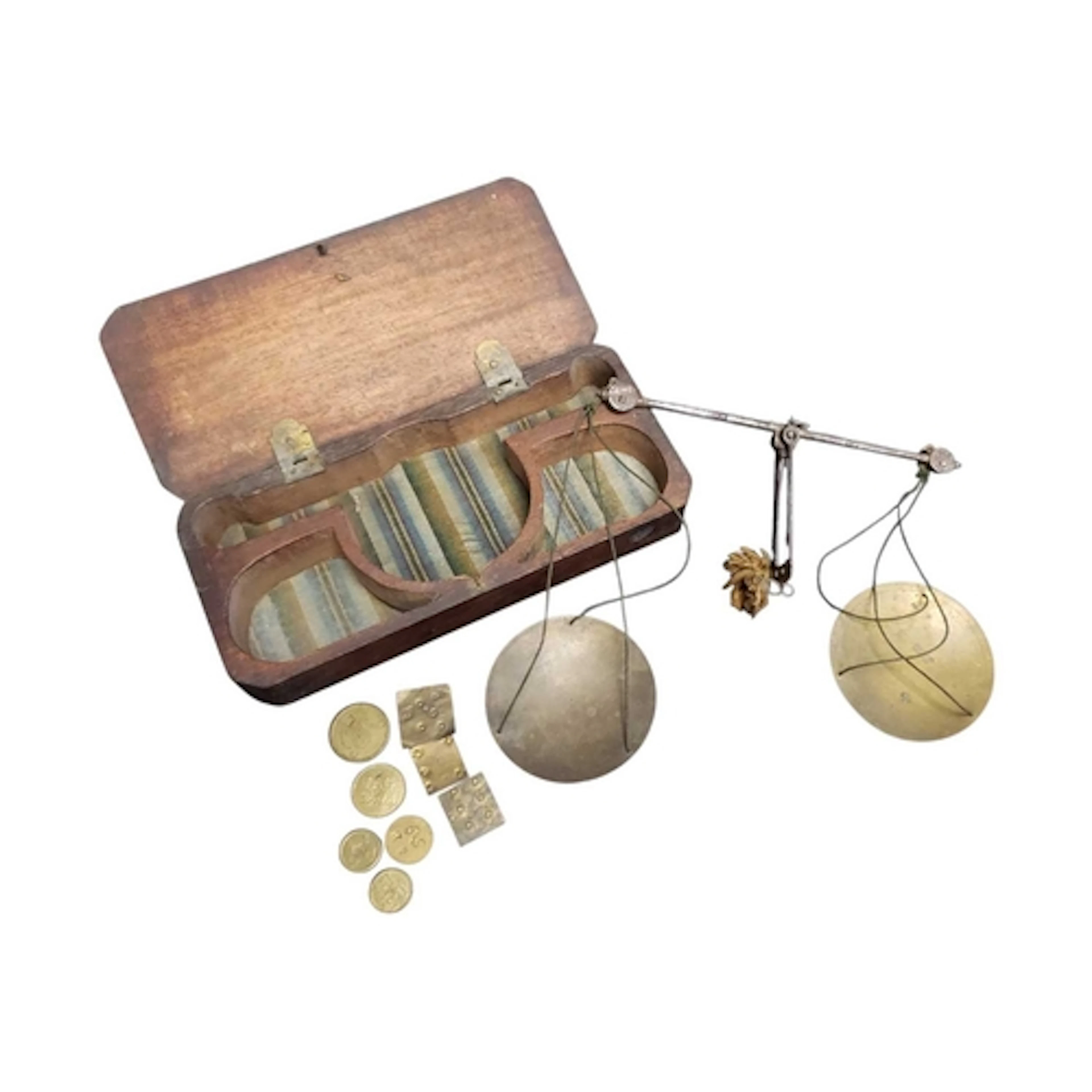 C1780 George III oak cased portable coin beam scales with we...