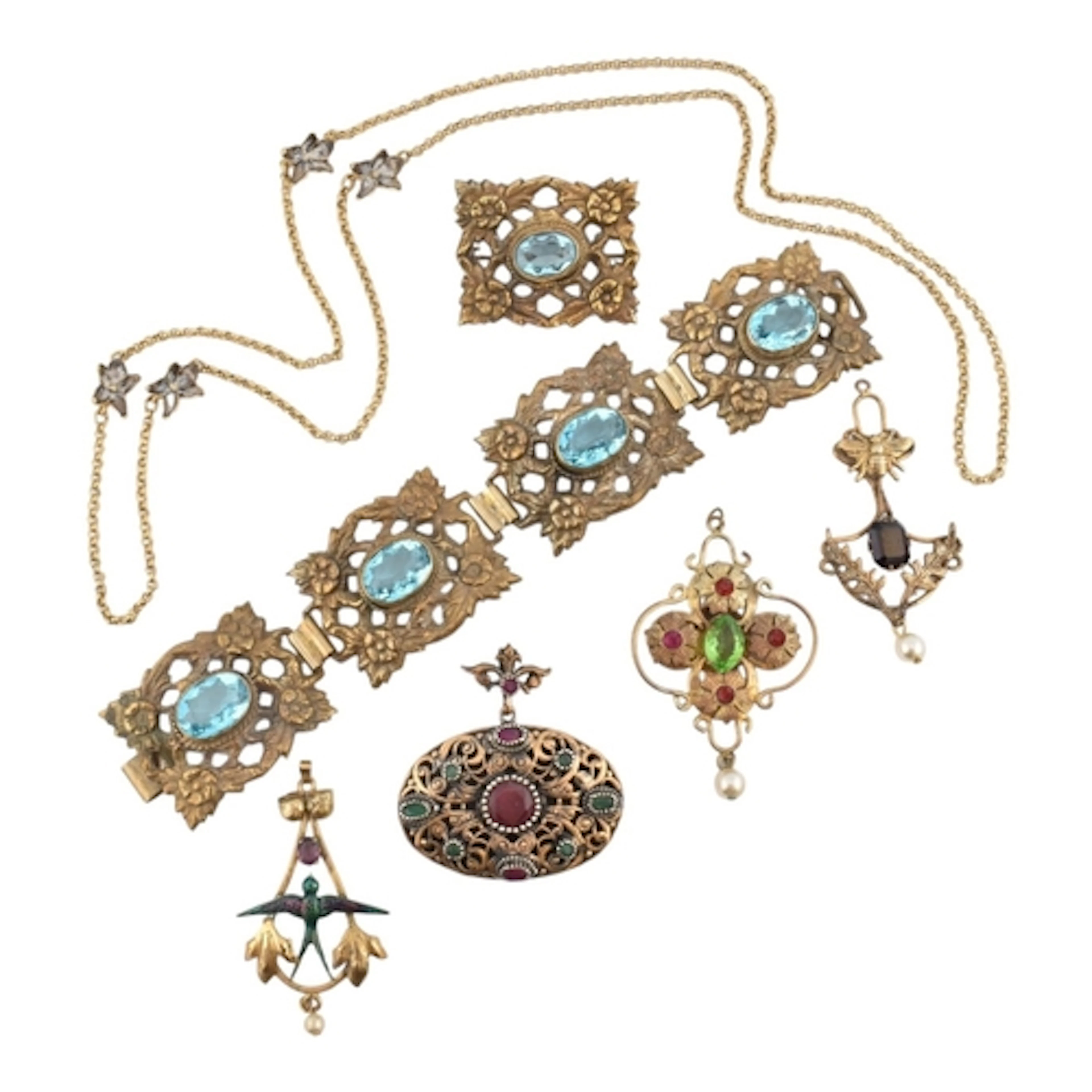 A collection of Art Deco and Art Nouveau style jewellery. To...