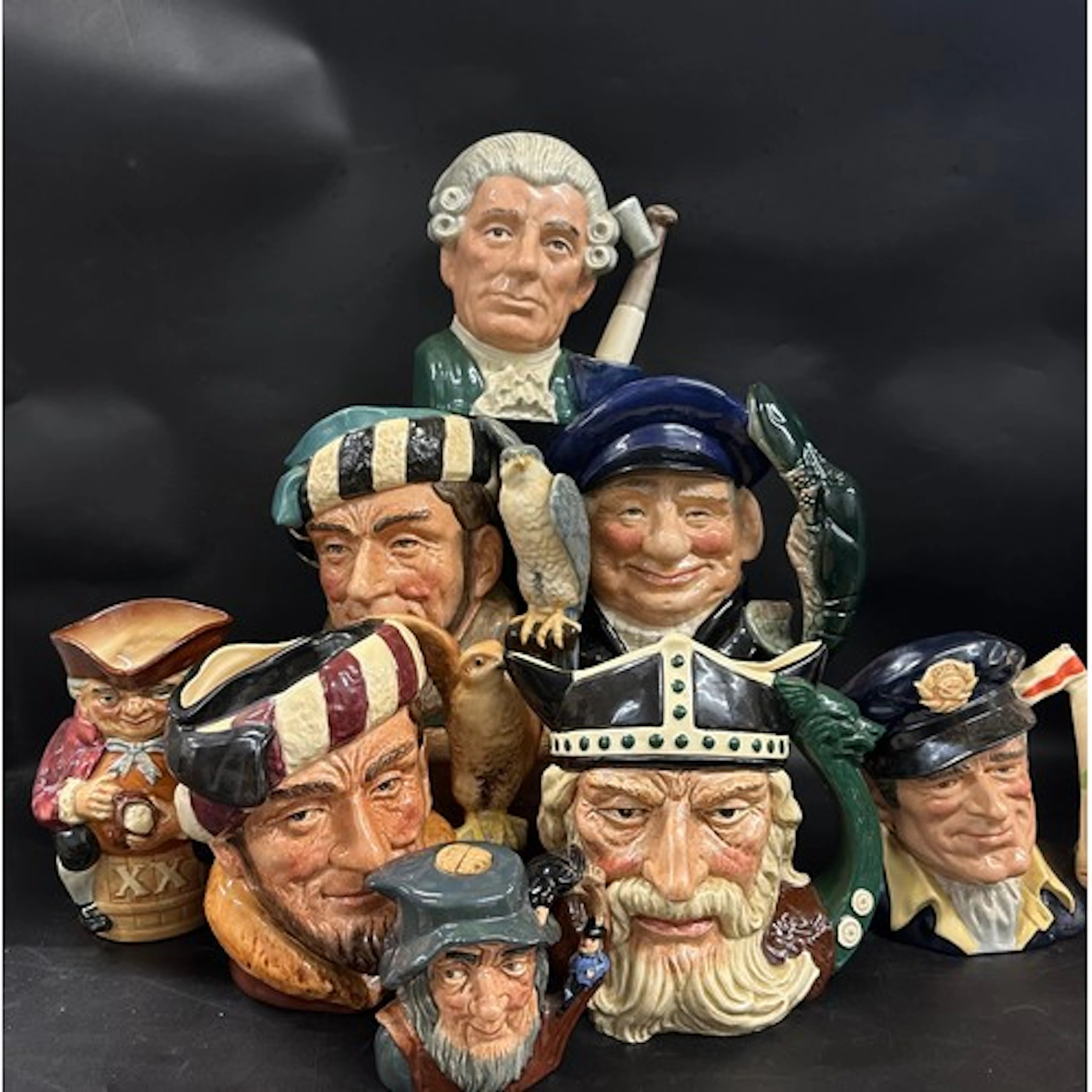 Six large Royal Doulton character jugs including Viking D649...