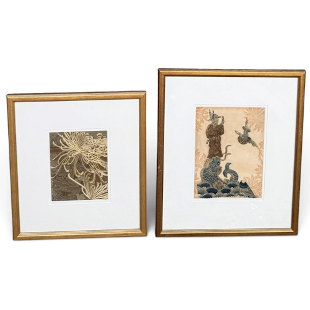 TWO JAPANESE SILK EMBROIDERIES Largest 25cm x 19cm...