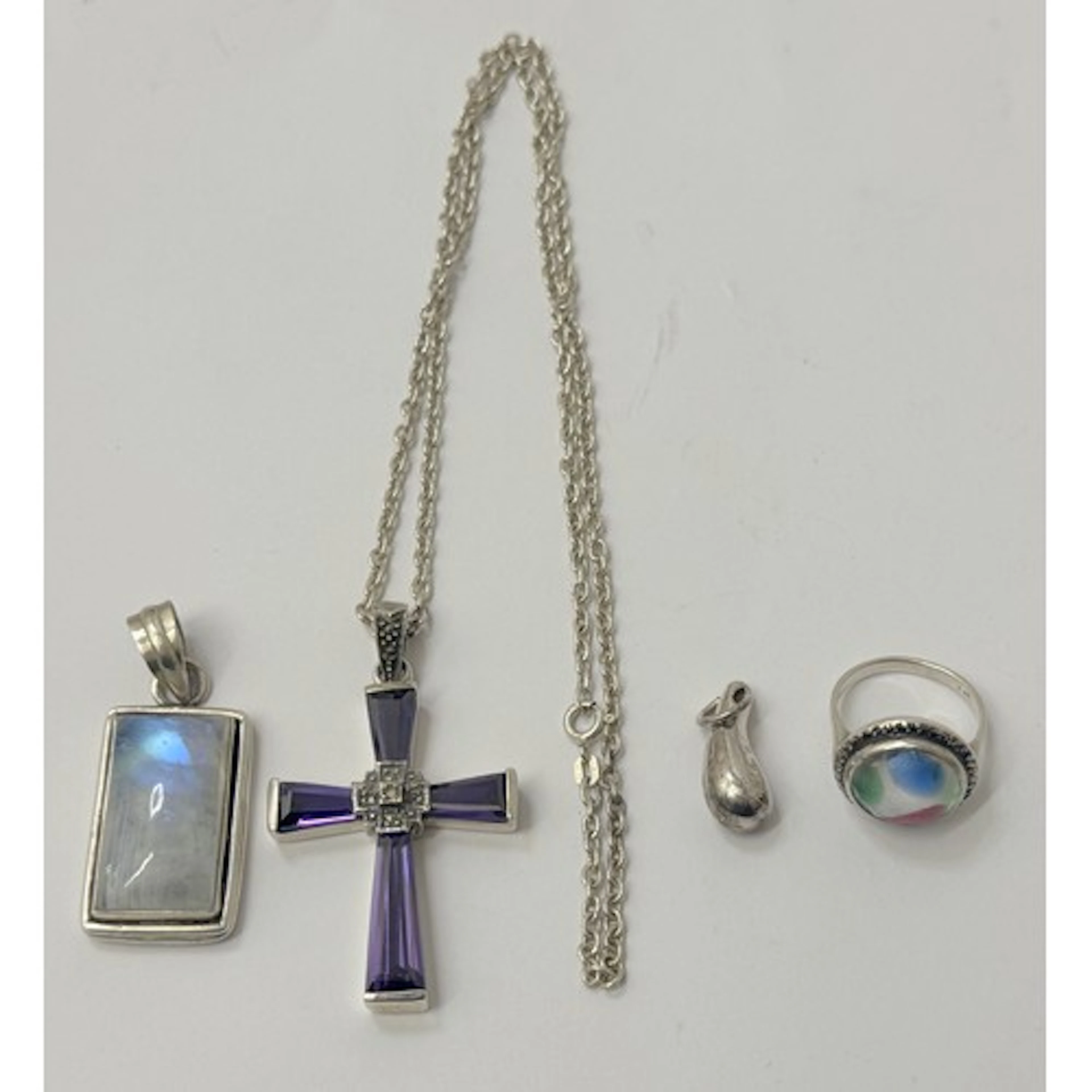 Silver neck chain with silver set amethyst and marcasite cro...