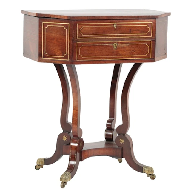 A late Regency rosewood and cut brass inlaid octagonal sewin...
