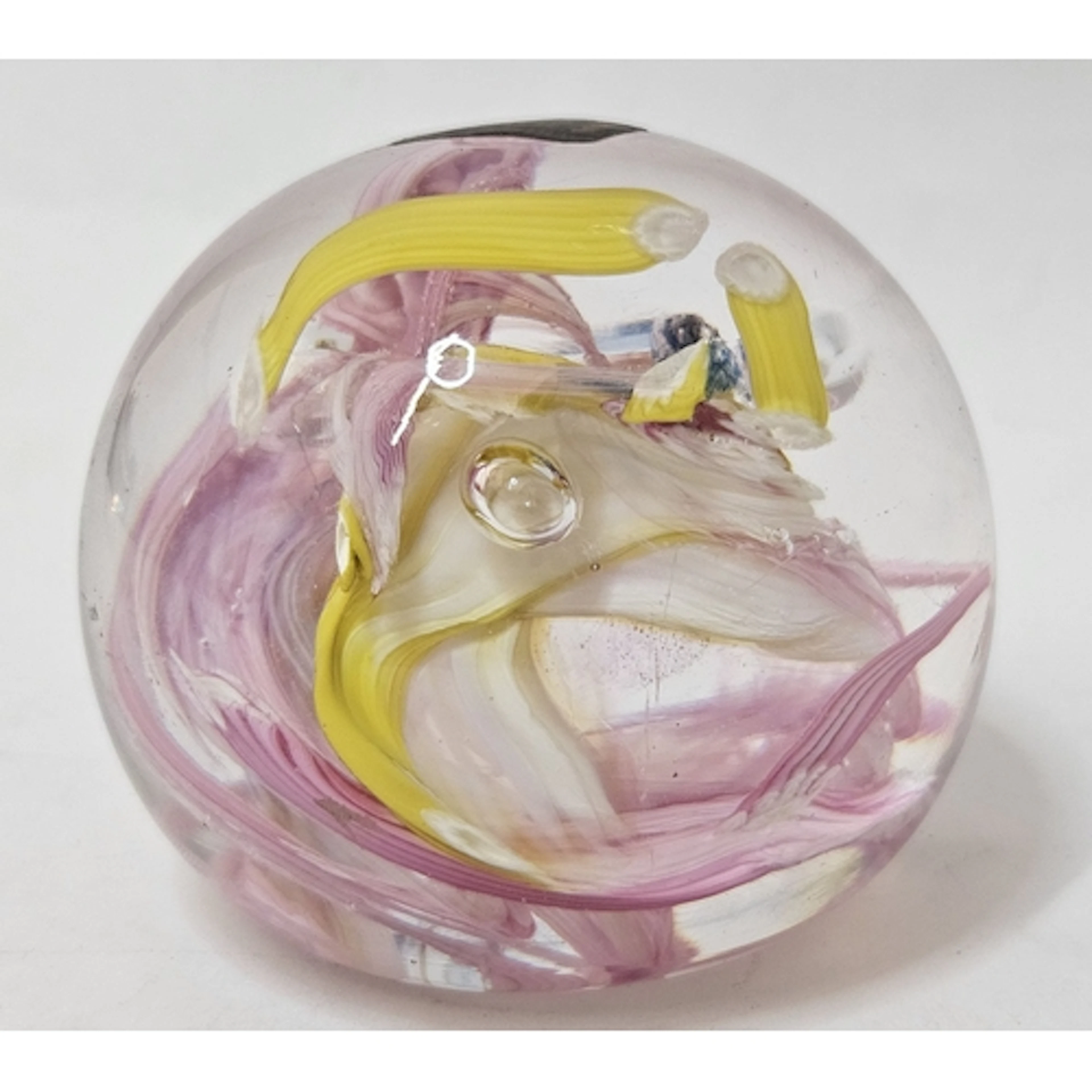 Whitefriars Paperweight in pink & yellow, with label approx....