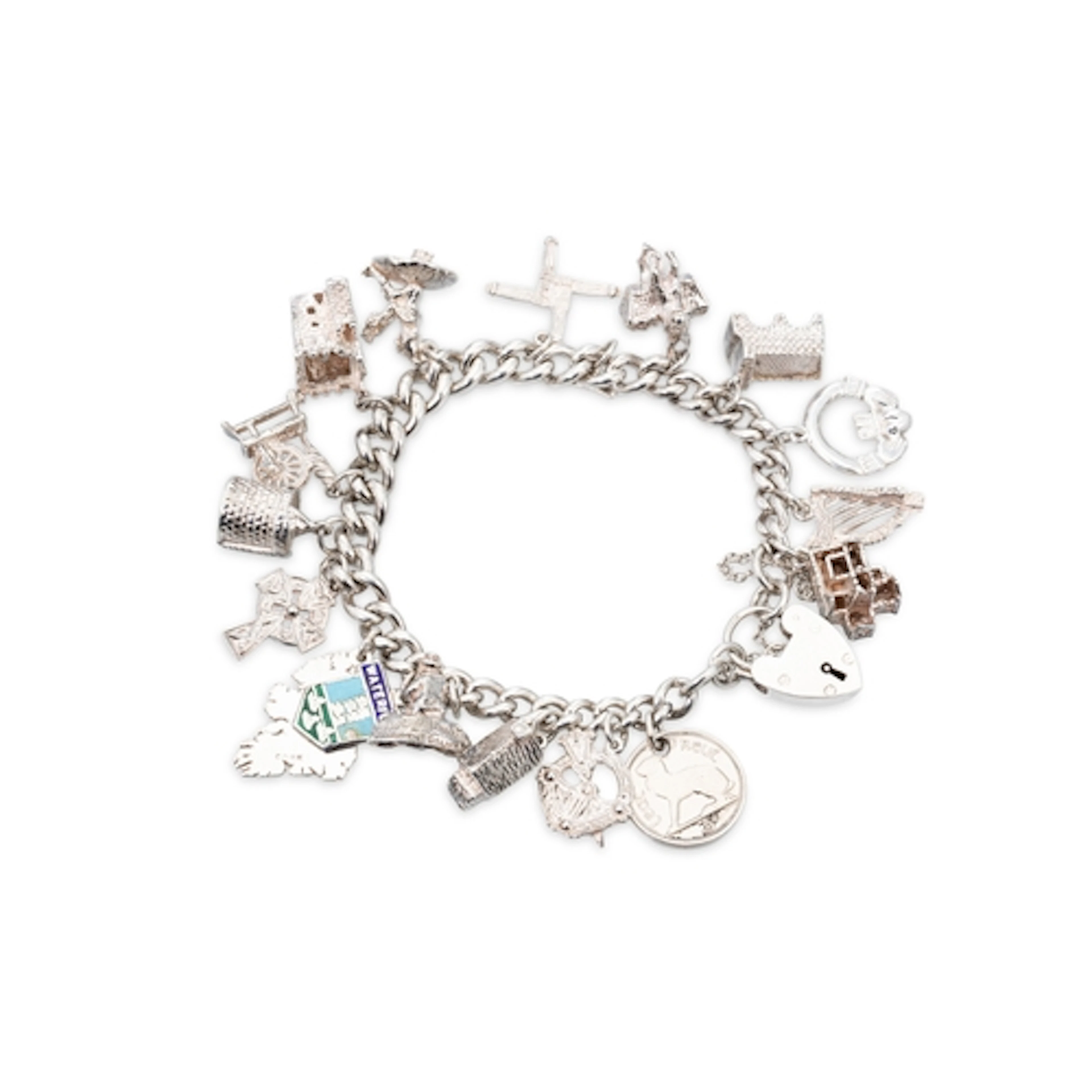 A STERLING SILVER CHARM BRACELET, set with various charms, g...