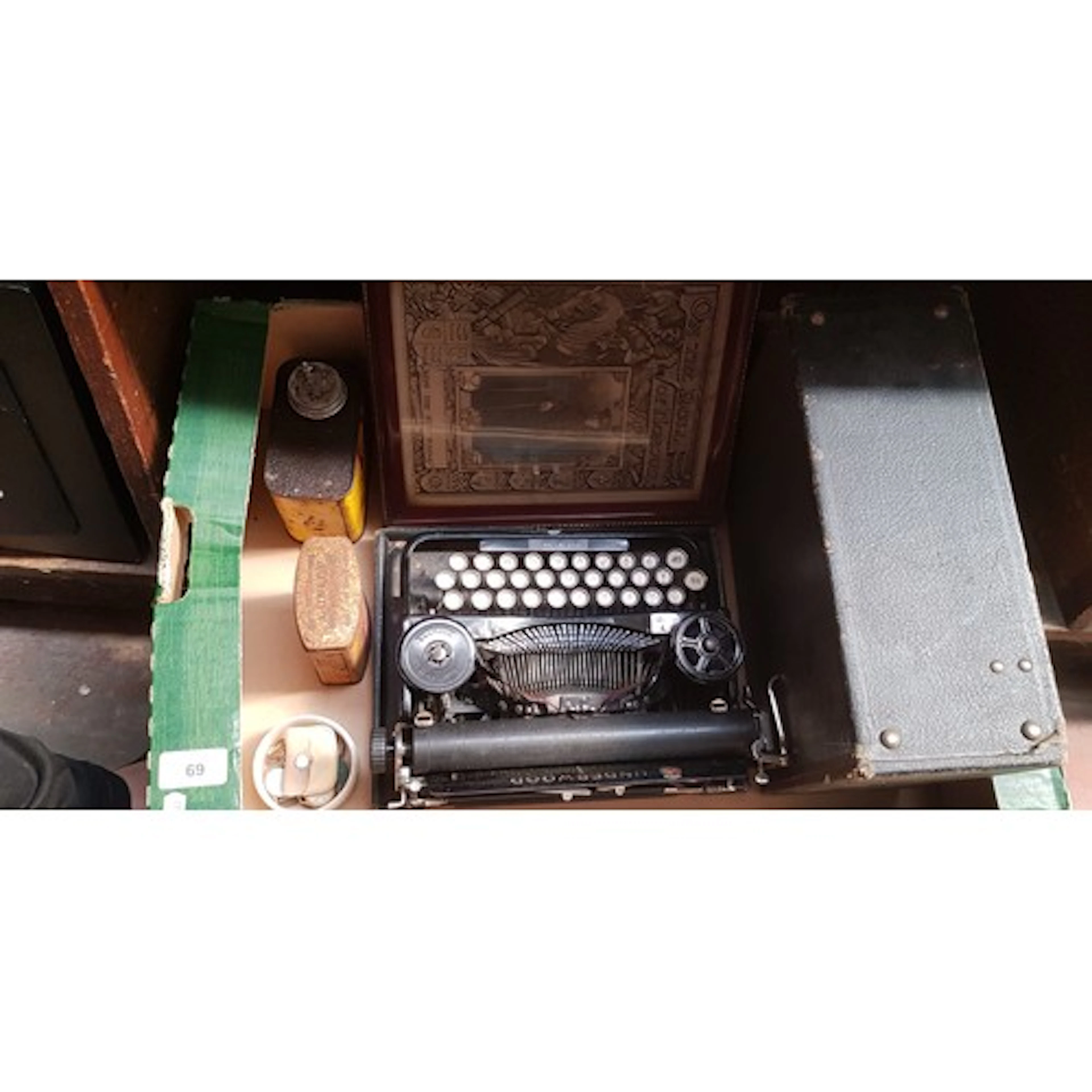 A vintage mini Underwood typewriter, framed Roll of Honour c...
