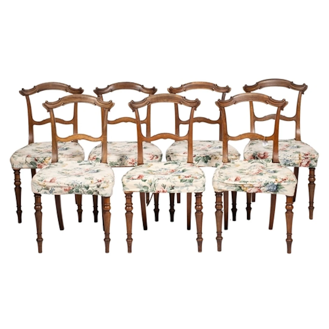 A set of seven Victorian rosewood and seat upholstered side ...