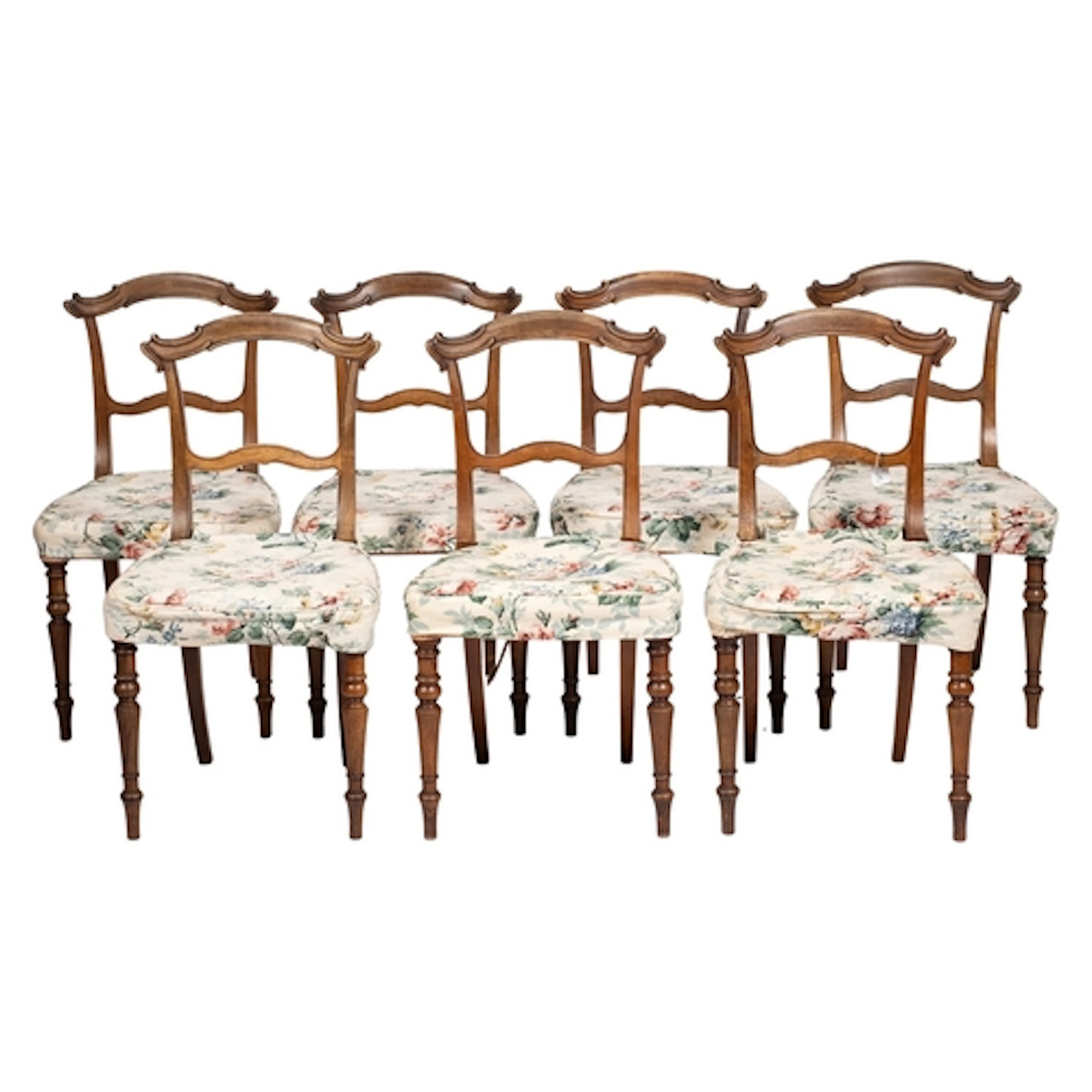 A set of seven Victorian rosewood and seat upholstered side ...