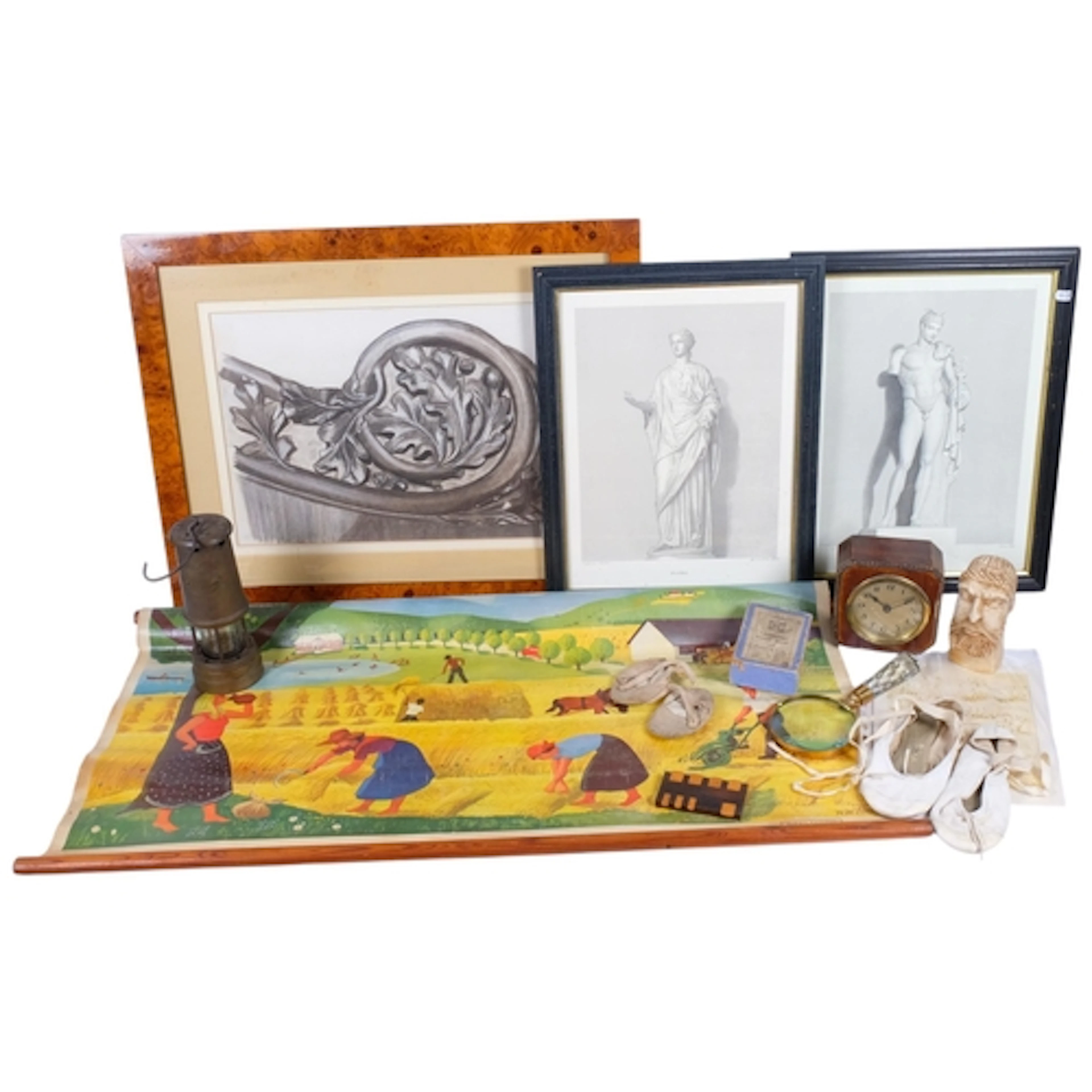 Vintage schoolroom print, miner's lamp, prints and collectab...