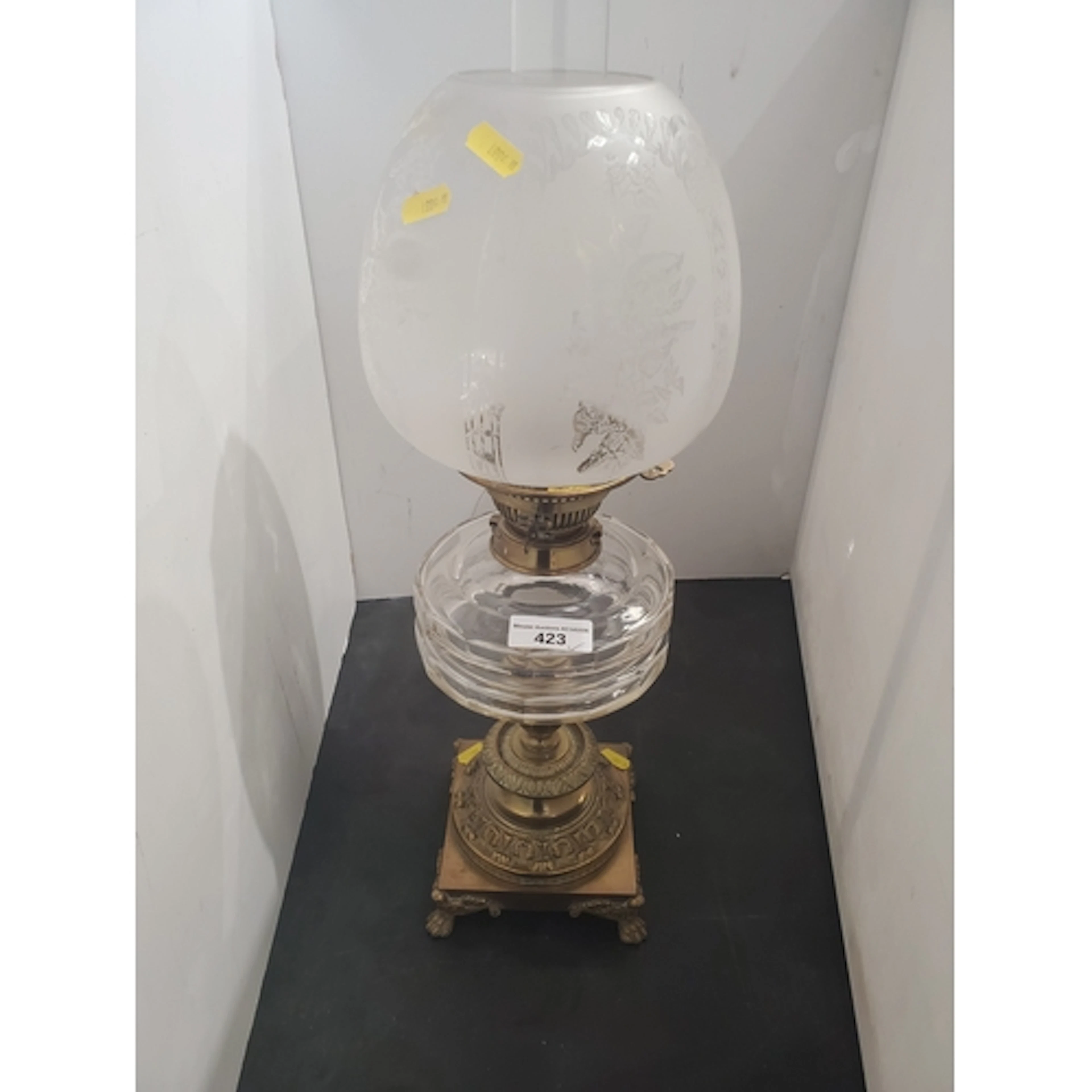 An antique brass Oil Lamp with etched glass shade 1ft 11in H...
