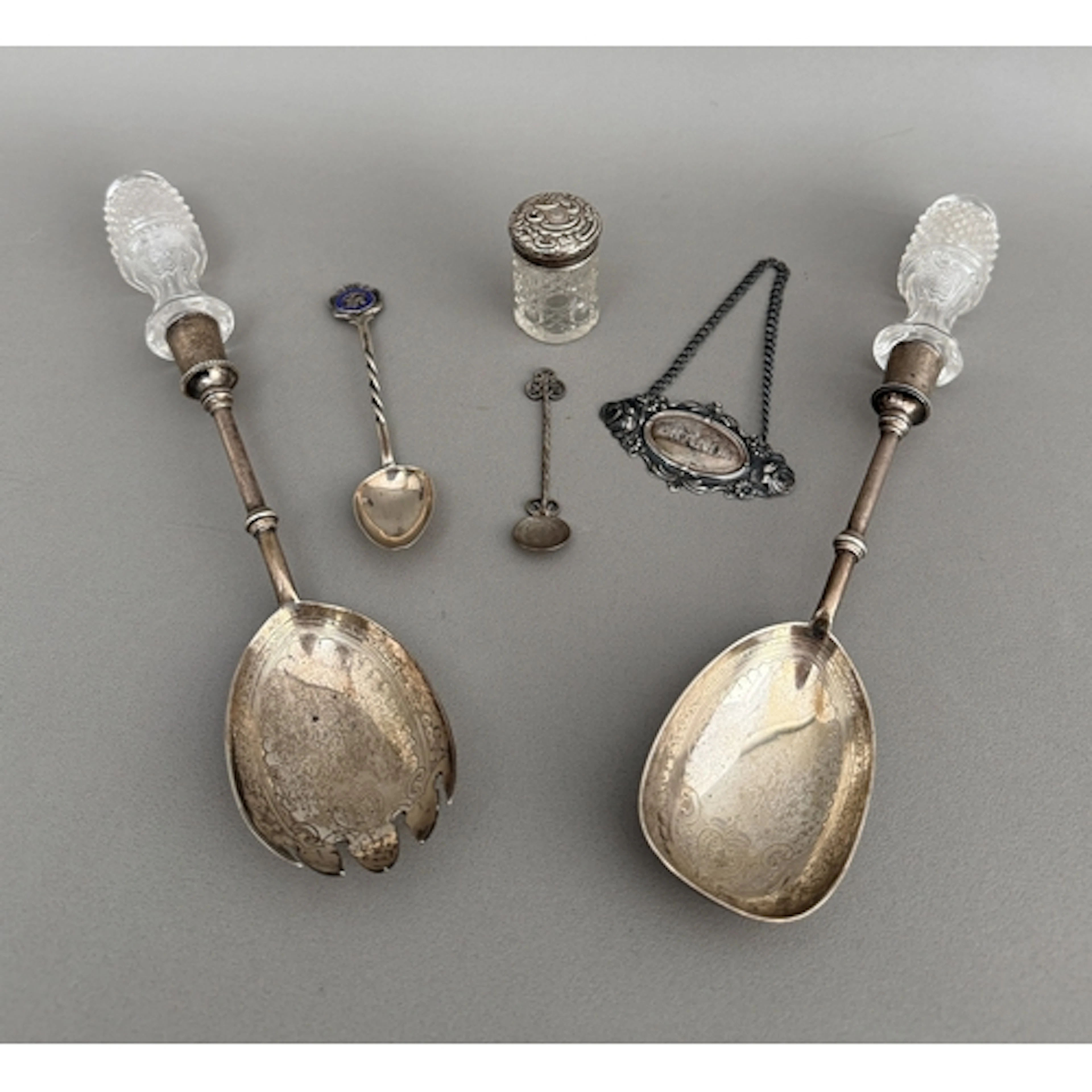 A pair of Victorian silver and cut glass crystal salad serve...