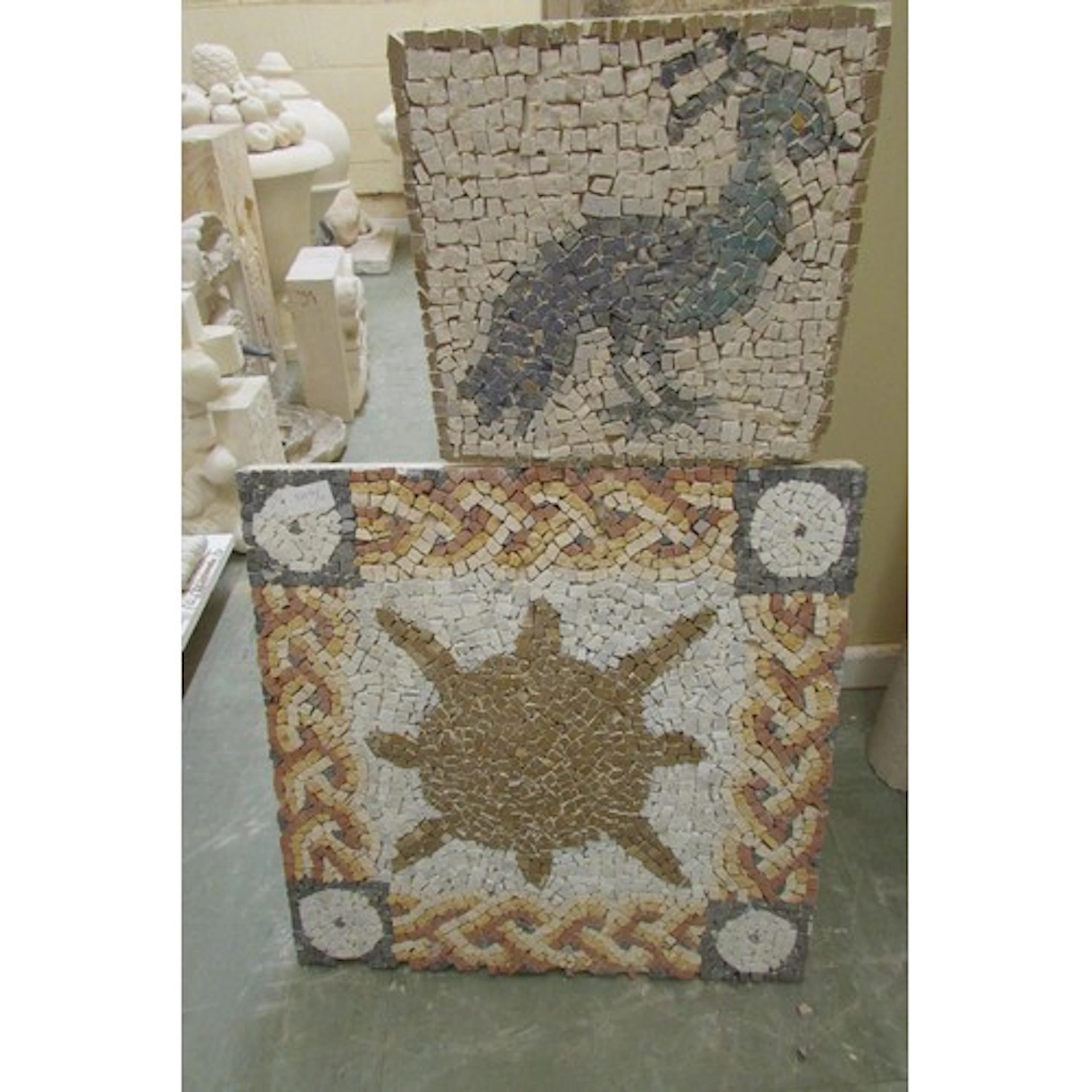 A mosaic panel of a peacock and a further of a turtle, 28cm ...