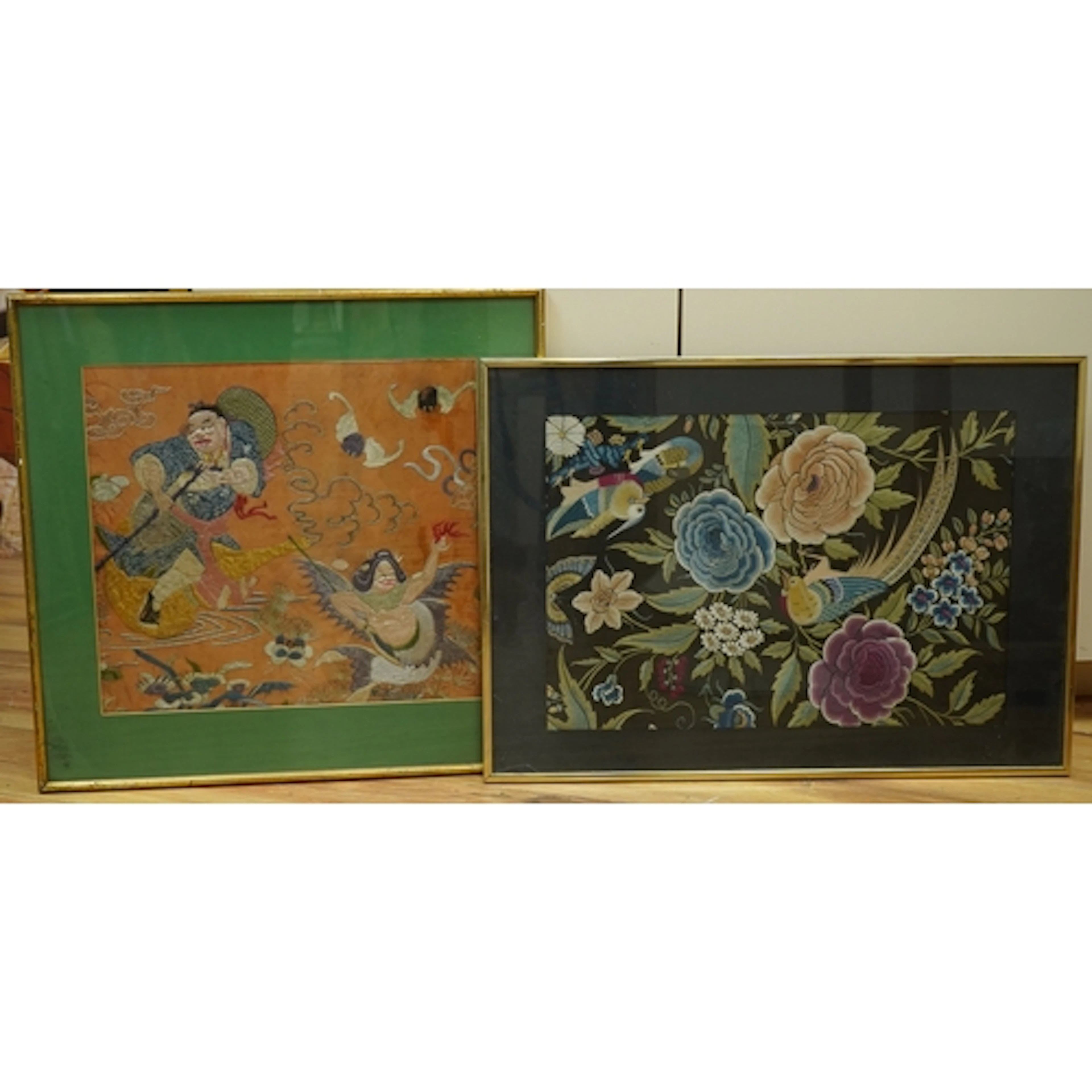 Two Chinese silk embroideries, one figural decoration to a r...