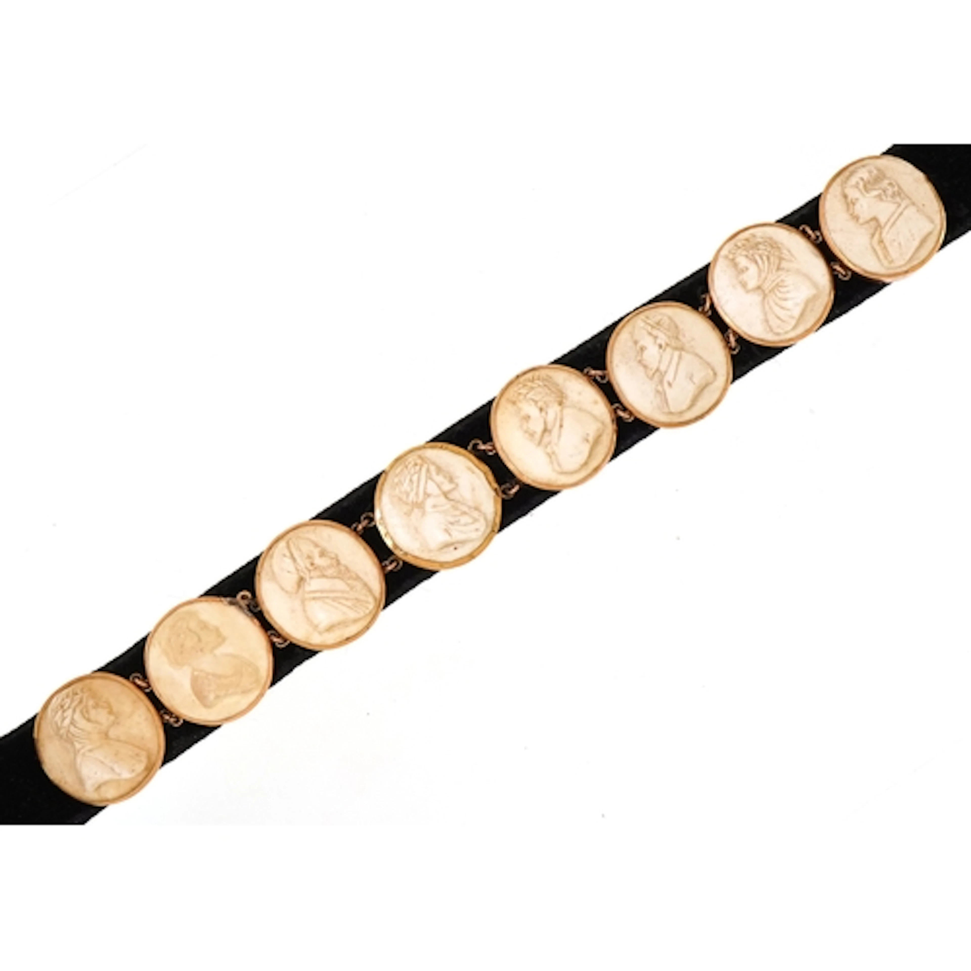 An antique unmarked gold Grand Tour cameo bracelet, sewn ont...