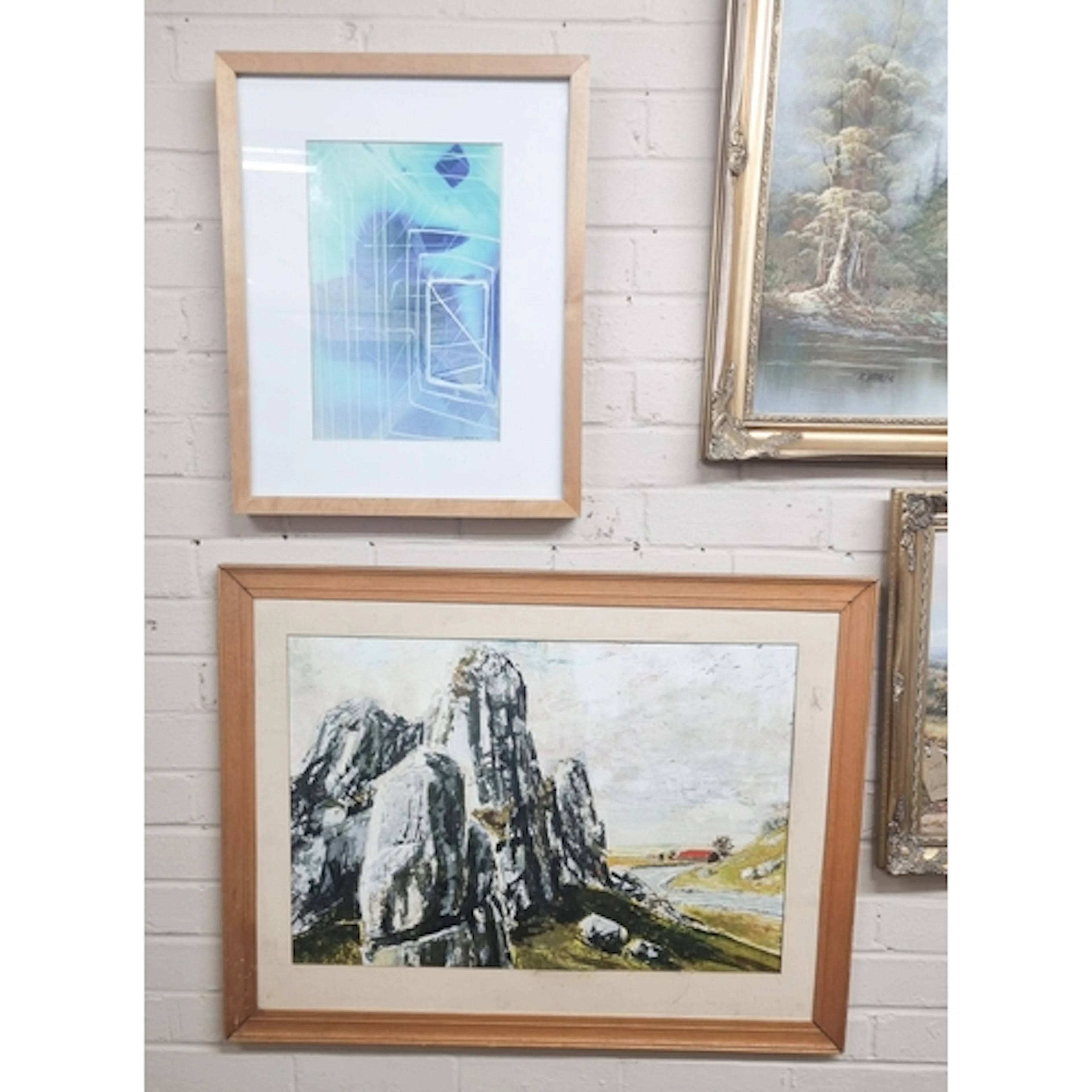 Modern oil painting of a rocky sea shore scene and a modern ...