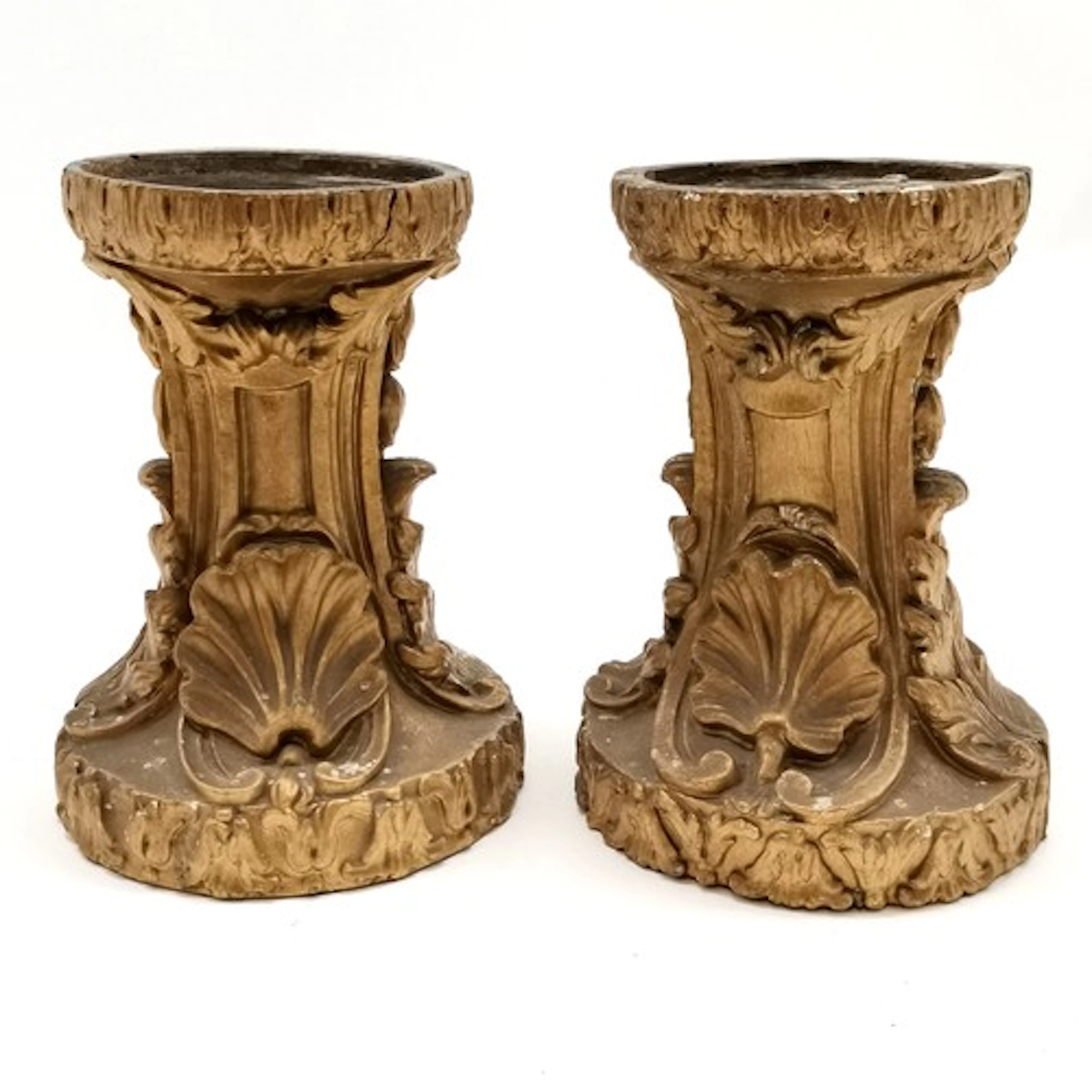 Antique pair of hand carved wooden candle stands of shell, a...