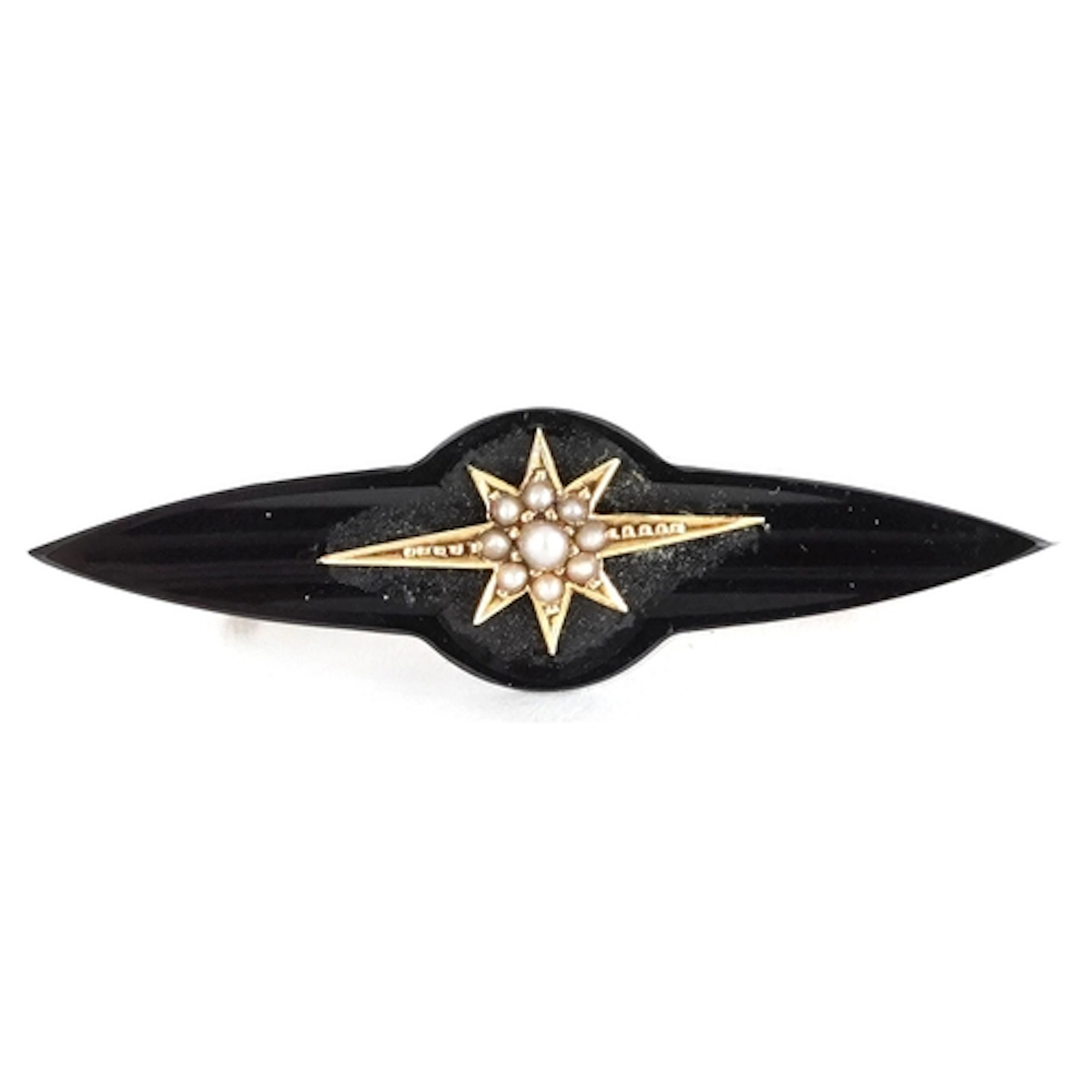 Victorian French jet unmarked gold brooch set with seed pear...