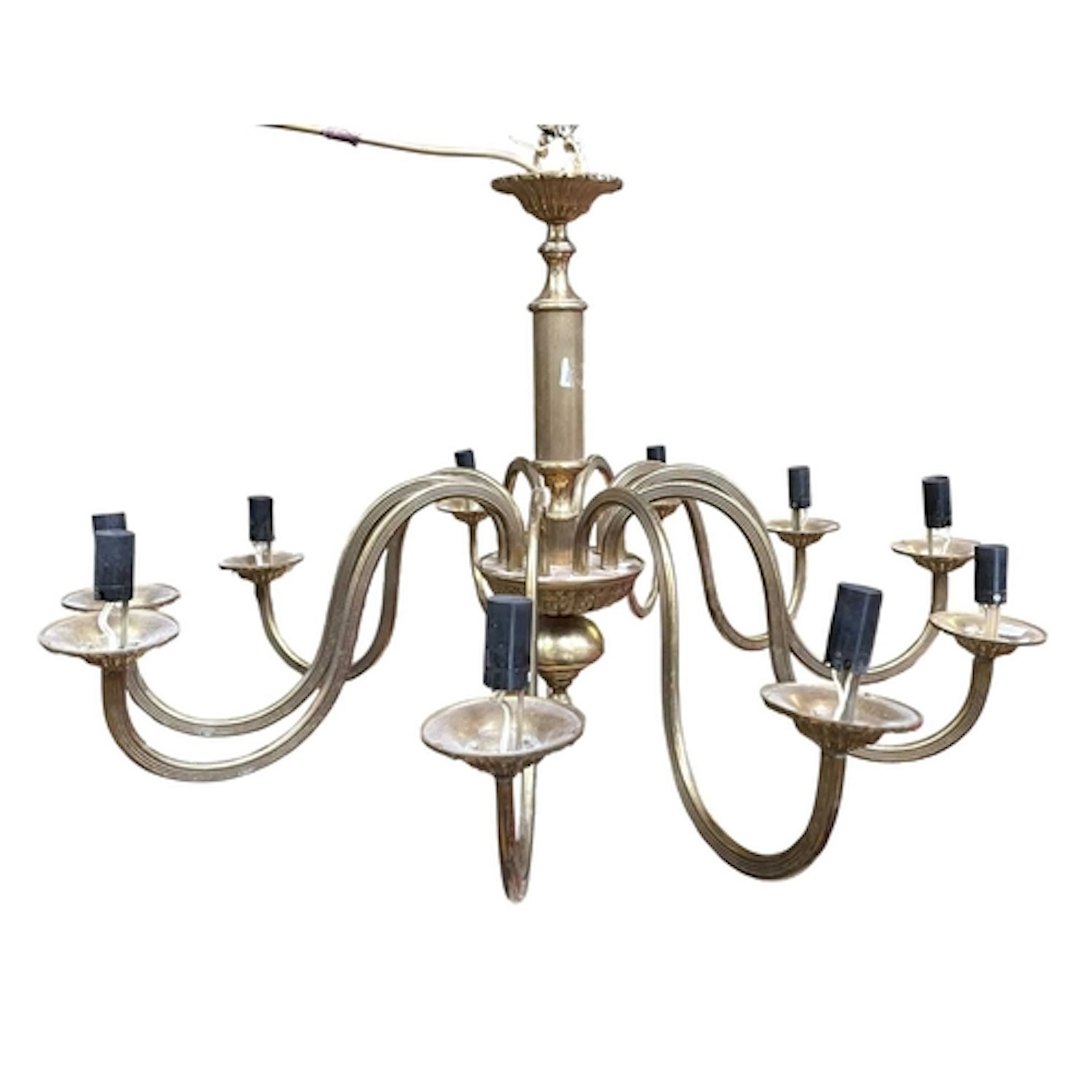 A retro 20th century Danish brass ten-arm chandelier. The ch...