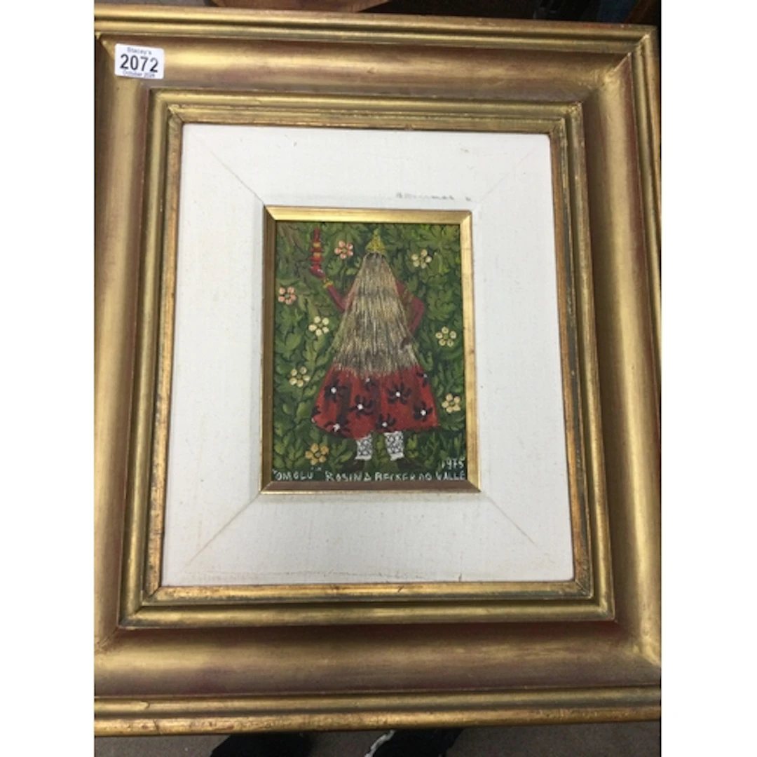 Framed oil on board entitled omolu signed Rosina Becker 1975...